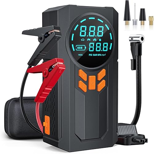 Arrancador con compresor de aire, batería de 5000 A 160 PSI portátil (9.0 gas8.0L diesel), batería de coche de 12 V con cables de puente