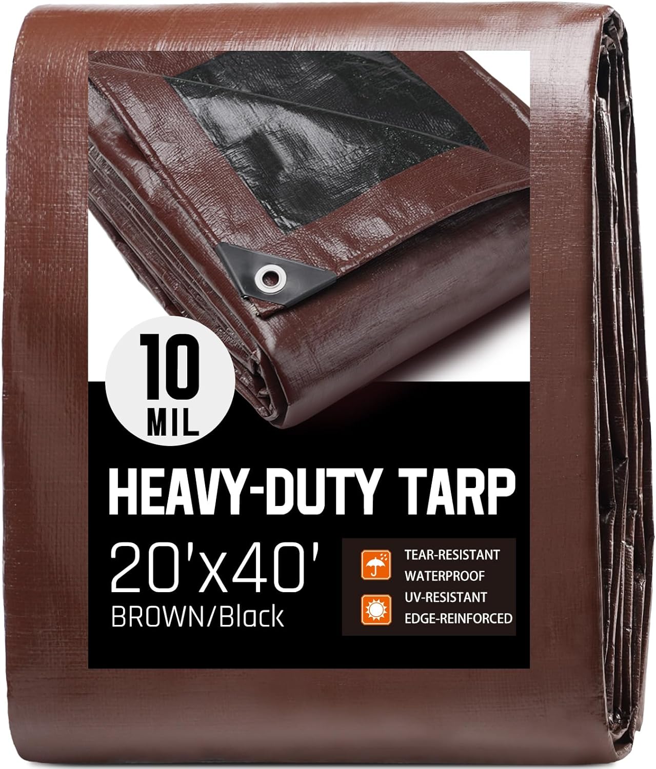 20 x 40 FT Waterproof Heavy Duty Tarp, 10 Mil Thick, Outdoor Furniture Covers, Plastic Insulated Tarpaulin for Camping Tent Roof Boat Patio Pool Cover, Large & Small Multi-Size Tarps, Brown/Black