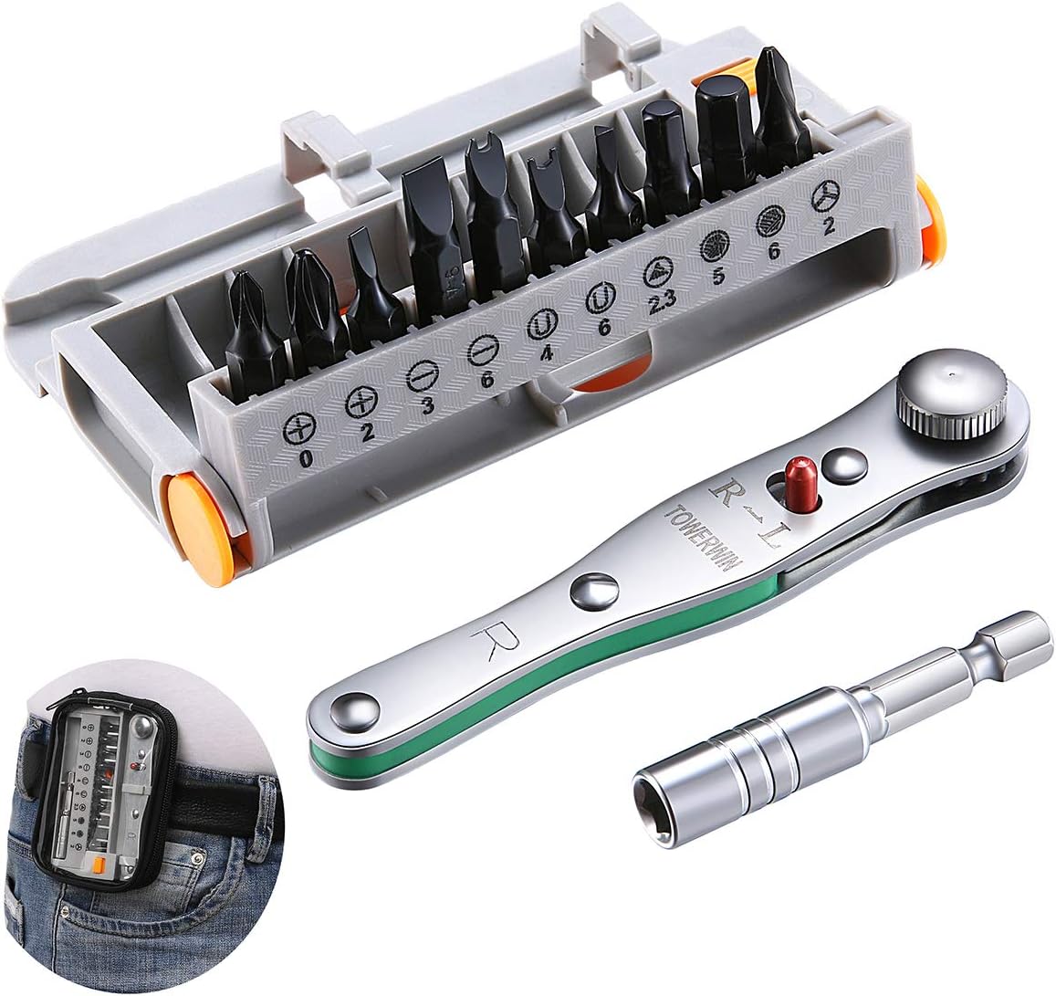 10 Bits Portable Ratchet Screwdrivers Set with High Torque Reversible Drive Handle and Extension Bits Holder by Towerwin