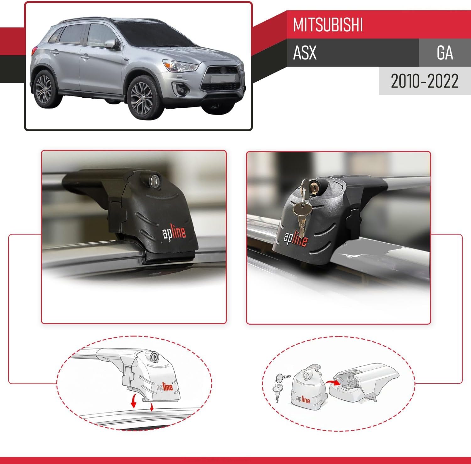Compatible with Mitsubishi ASX (GA) 2010-2022 ACE-2 Type Car Roof Rack Cross Bar Grey Aluminium Bars