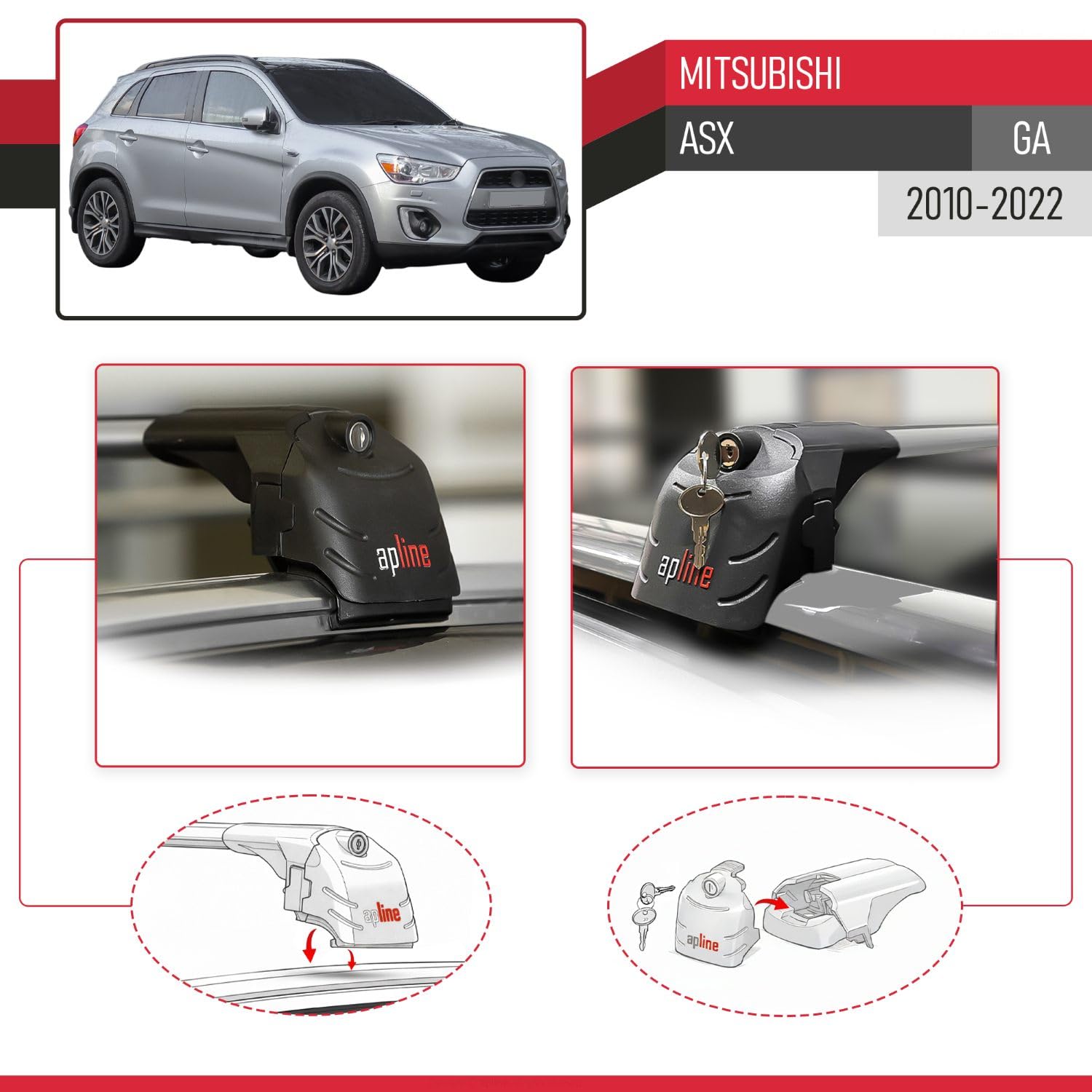 Compatible con Mitsubishi ASX (GA) 2010-2022 Modelo Ace-2 Barra de Techo Auto Portaequipajes Barras Transversales Gris Aluminio 2 Barras