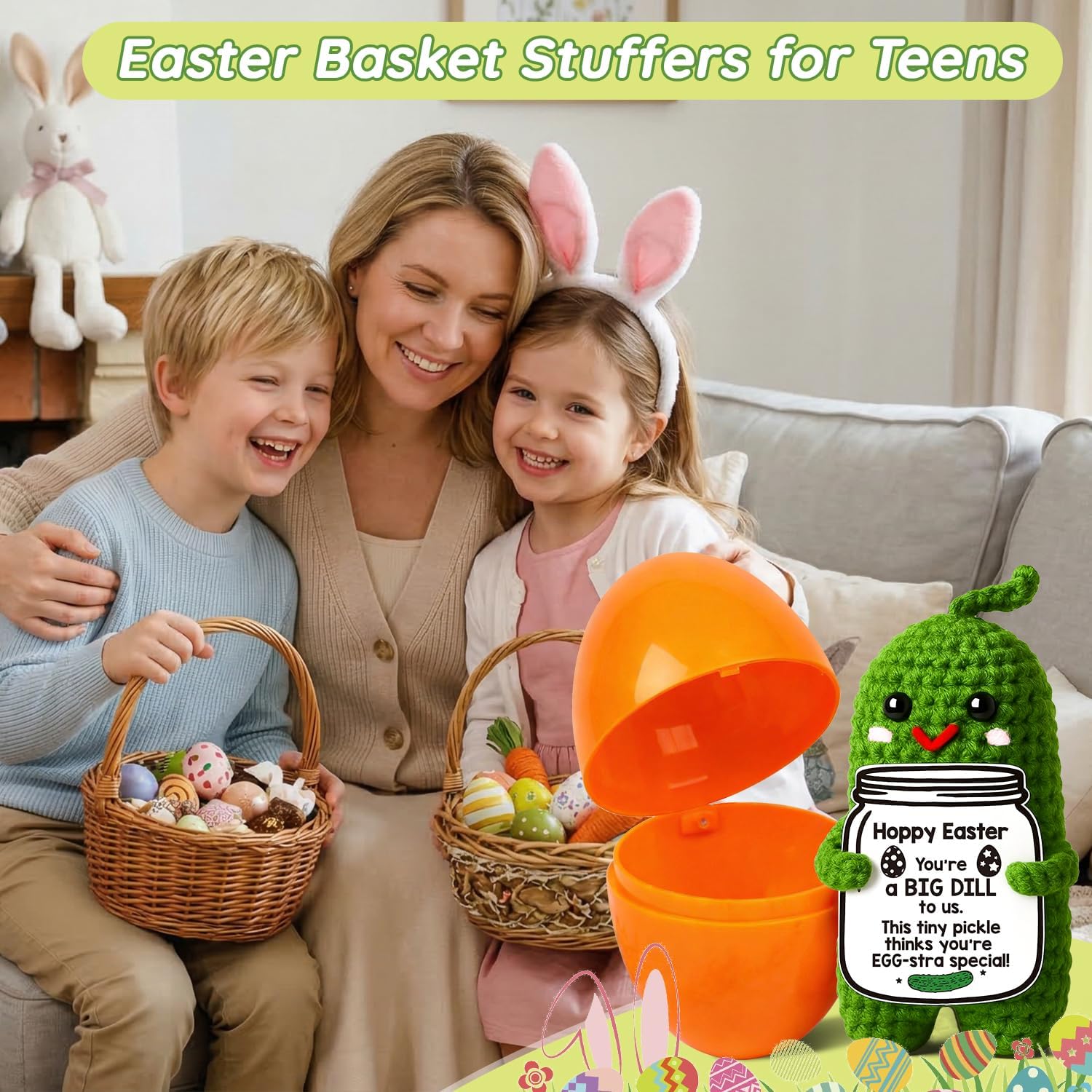 MAMAGIFTREE Easter Basket Stuffers Essentials for Teens Boys Girls Adults Toddler,Easter Gifts Eggs Fillers，Handmade Pickle Crochet Plush Doll with an Egg, Cute Easter Decorations