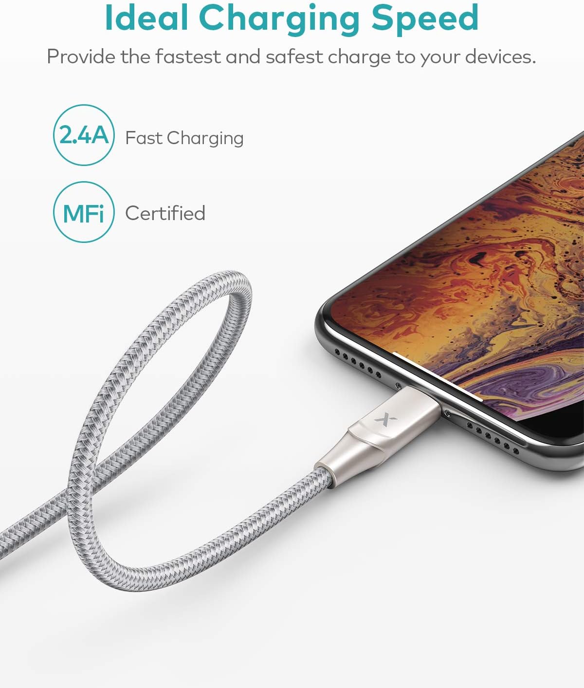 Xcentz iPhone Charger 2 Pack 6ft, MFi Certified Lightning Cable Fast Charger iPhone Cable, Durable Braided Nylon Metal Connector Charger Cord for iPhone 11/X/XS Max/XR/8 Plus/7/6, ipad - Silver