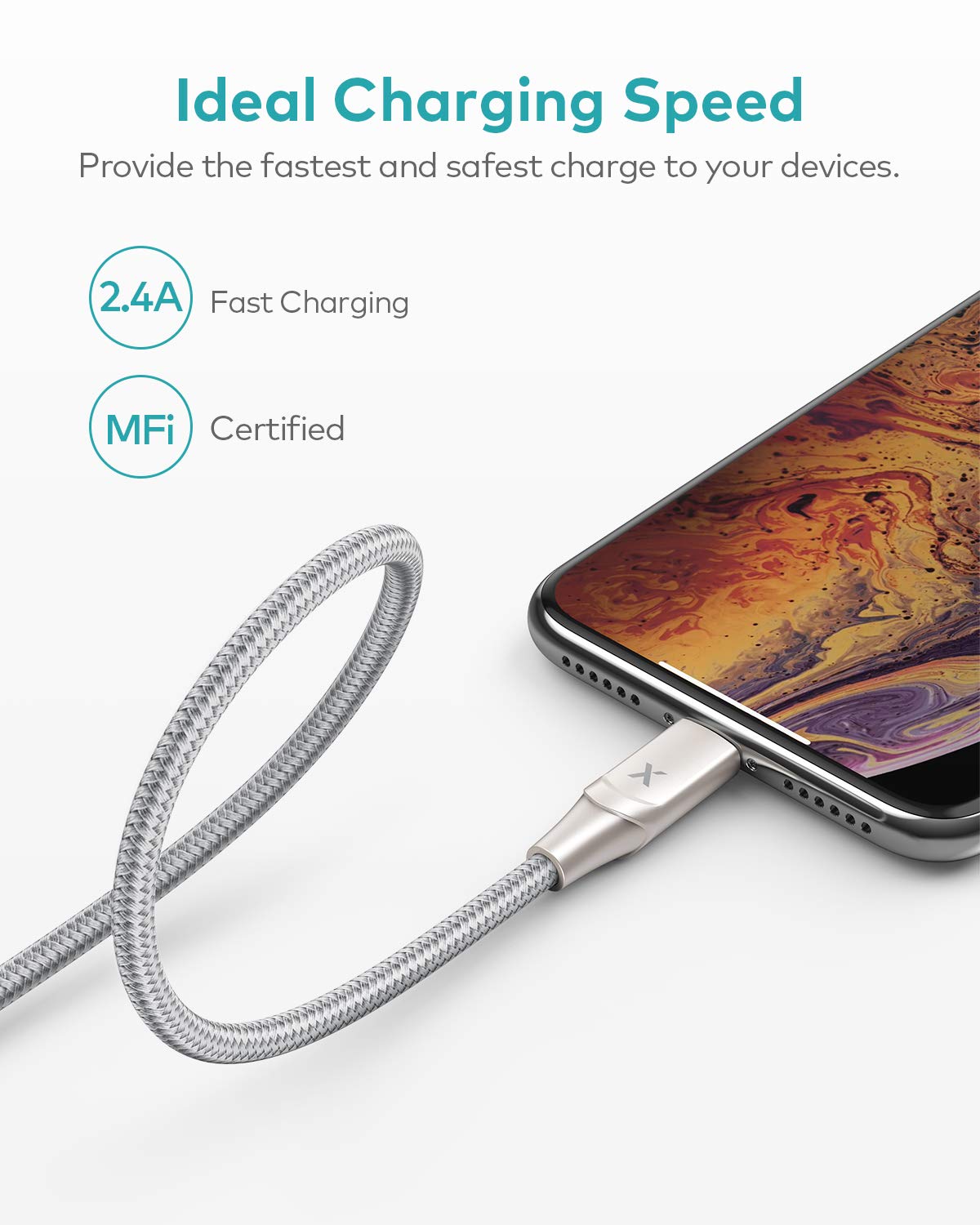 XCENTZ iPhone Charger 3ft, MFi Certified Lightning Cable iPhone Charger Cable Metal Connector, Durable Braided Nylon High-Speed Charging Cord for iPhone 11/X/XS Max/XR/8 Plus/7/6/5, iPad, Silver