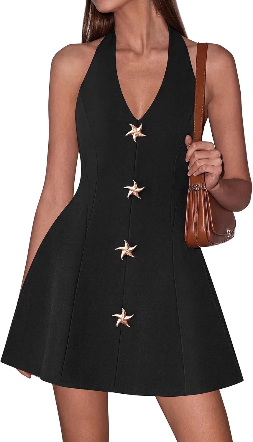 PRETTYGARDEN Summer Cocktail Dresses for Women Short 2026 Spring Halter V Neck Beach Party Backless A Line Mini Dress