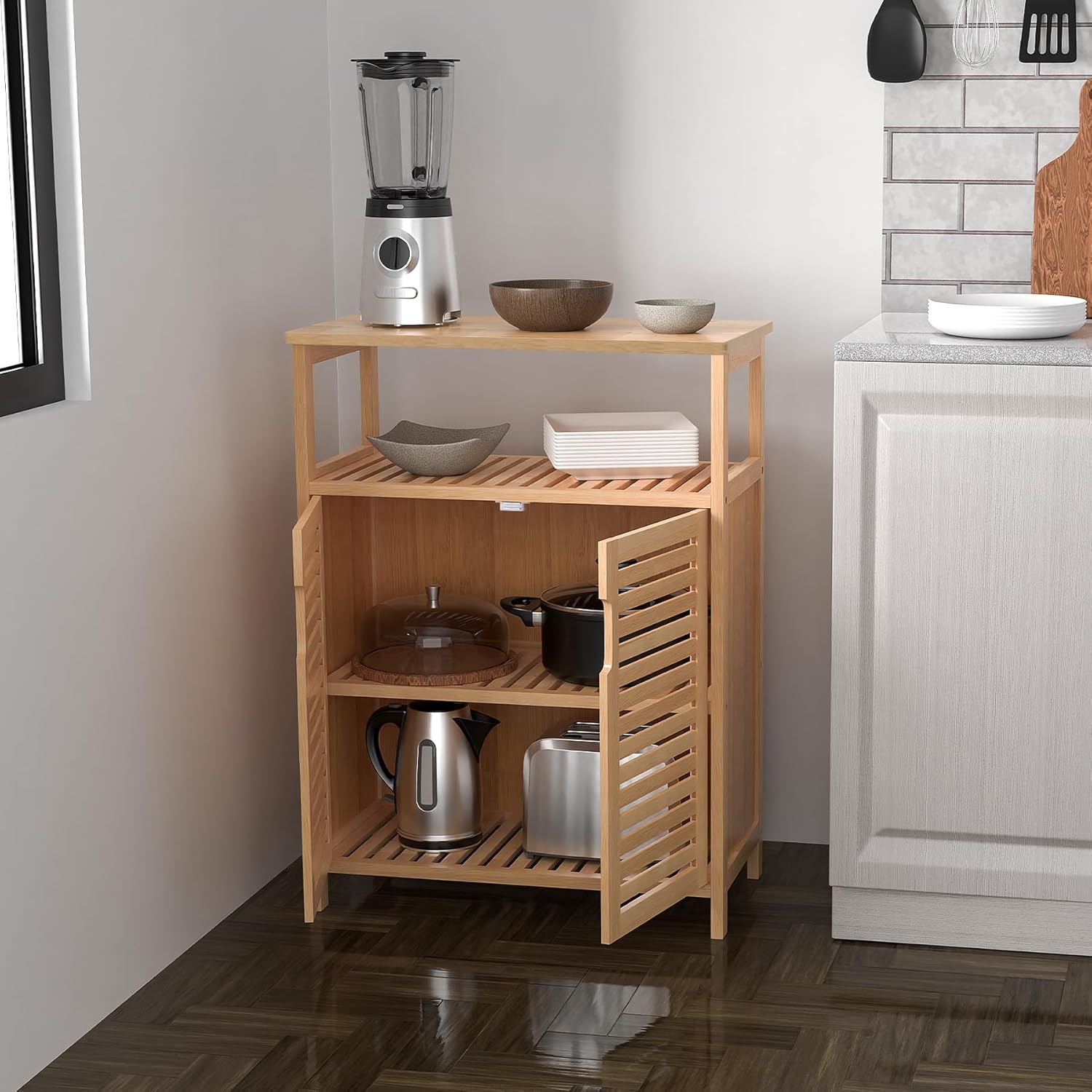 Bathroom Storage Cabinet, Freestanding Floor Cabinet with 2 Doors and Top Shelf for Kitchen, Entryway, Living Room