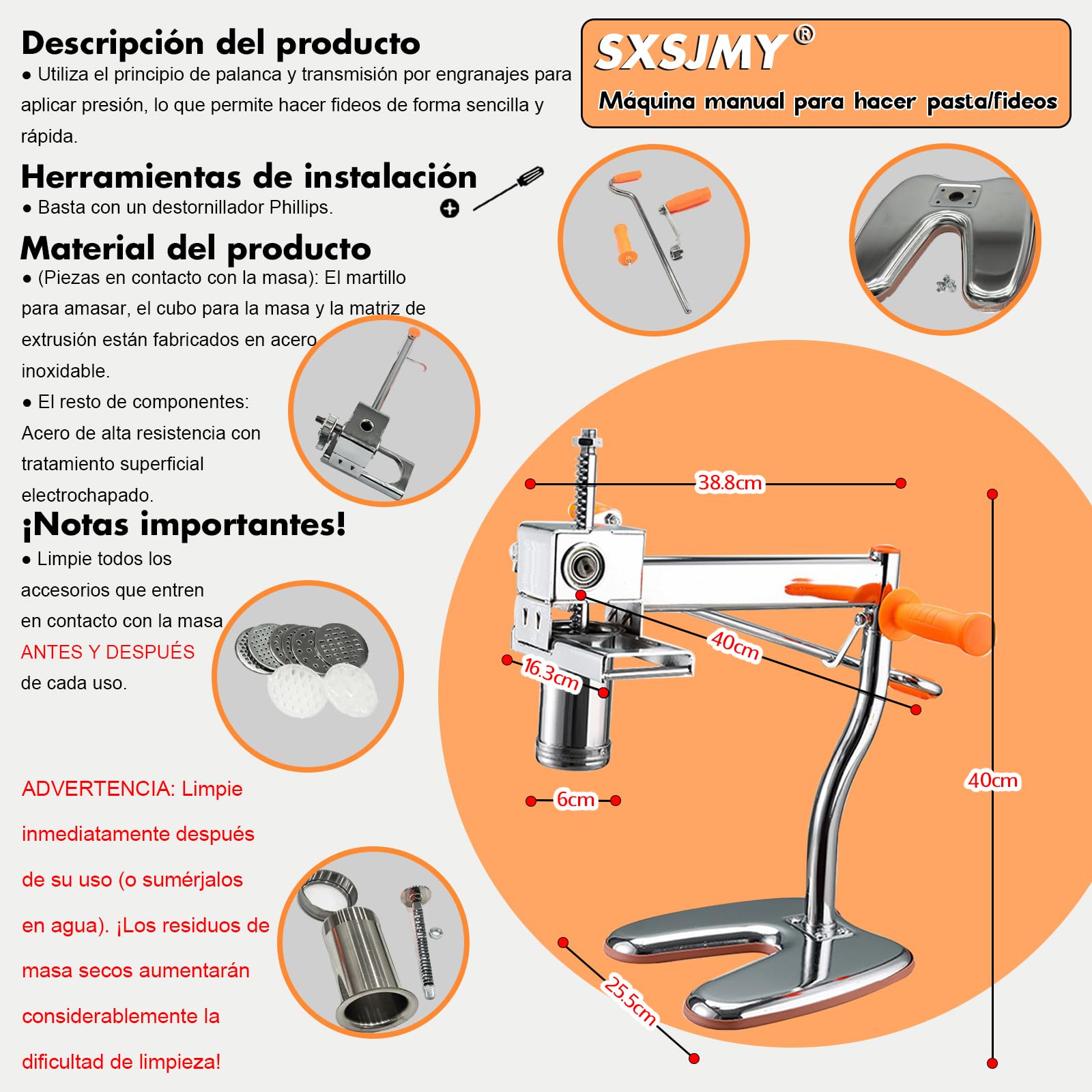 Máquina para Hacer Pasta SXSJMY con 8 Moldes | Prepara Maccheroni, Fettuccine y Tagliolini en 30 Segundos | Prensa de Acero Incl. Cepillo de Limpieza