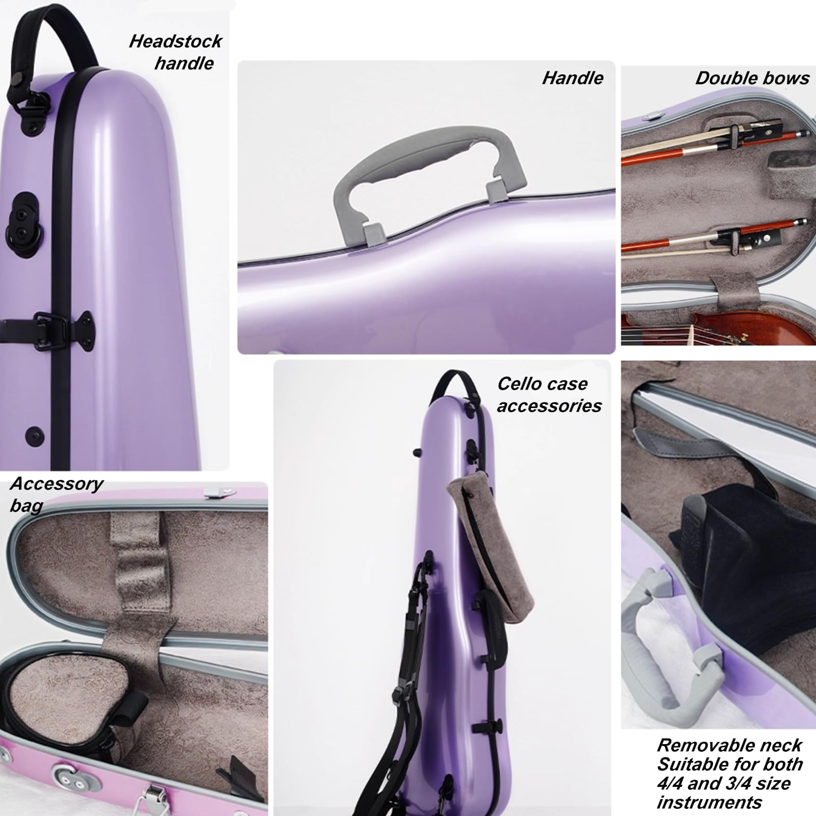 Estuche de policarbonato para violín para instrumentos de tamaño 3/4 y 4/4, carcasa rígida protectora ligera con interior suave y correas de transporte, K