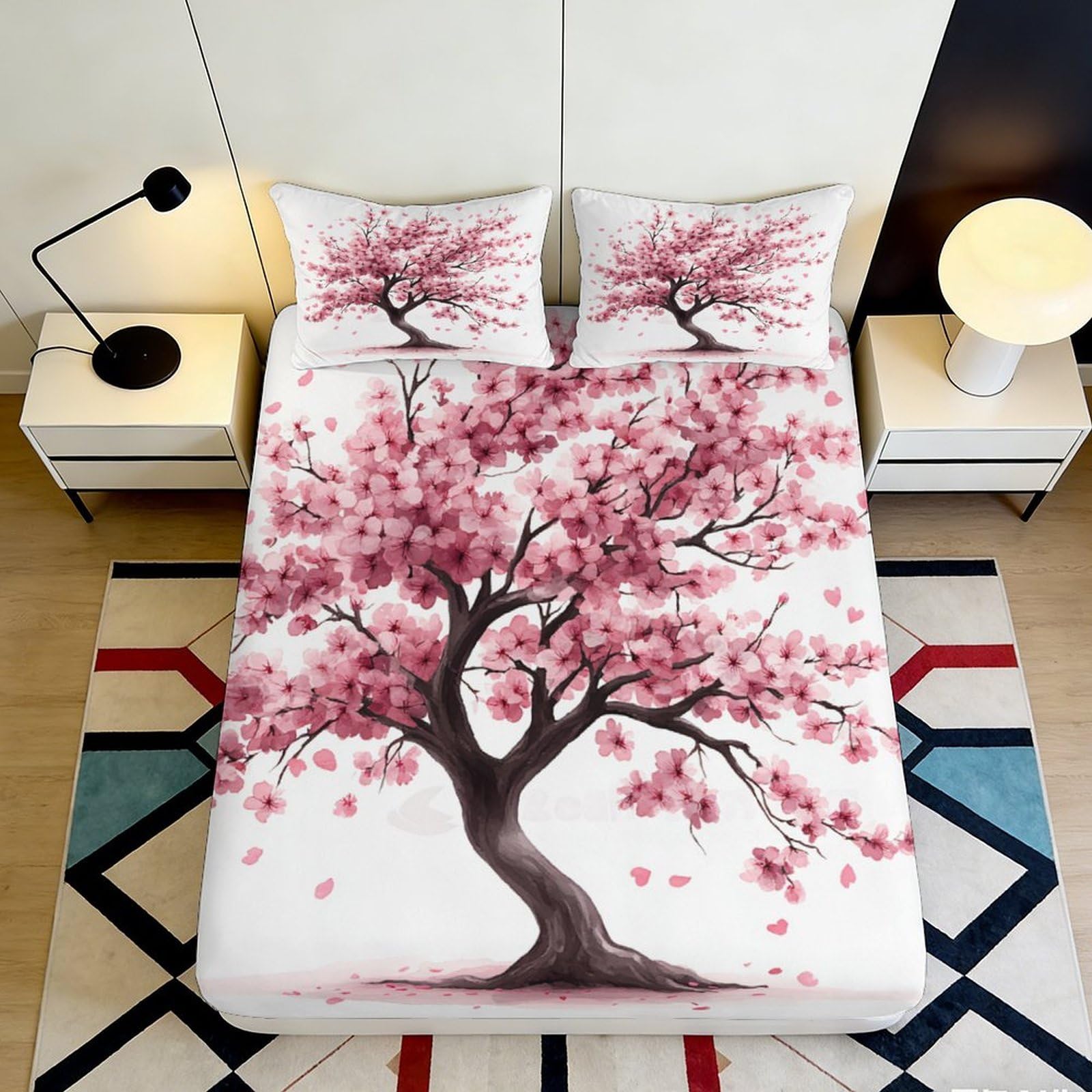 3D Printed Cherry Blossom Fitted Sheet Microfiber Deep Pocket Non-Slip Bedding Set Cherry Blossom Mattress Fitted Cover Wrap Washable 200x200x25cm