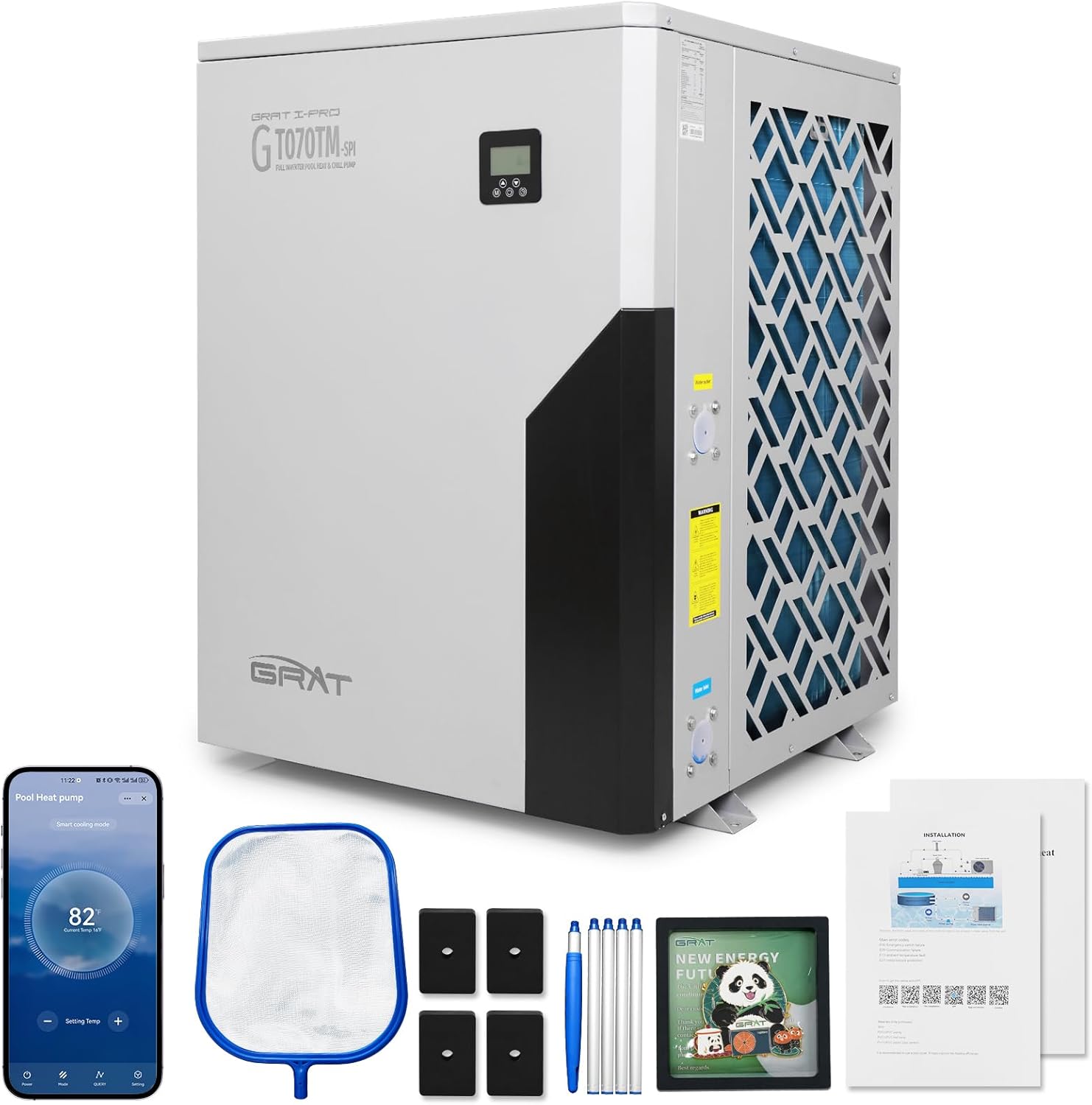 GRAT Full Inverter Heat Pump for Hot Tub and Bath, 140,000BTU Swimming Pool Heater, 42000 Gallons, for Above Ground and In ground Pools, WiFi Capable Timer, Heating and Cooling, Defrosting, 220-240V