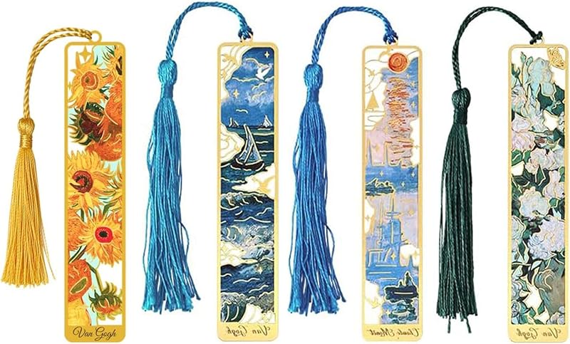4 Pezzi Segnalibro Metallo Design Incavo Stile Pittura a Olio Van Gogh con Nappa Segnalibri Vintage Personalizzato per Amanti dei Libri Donna Lettori Insegnanti Regalo