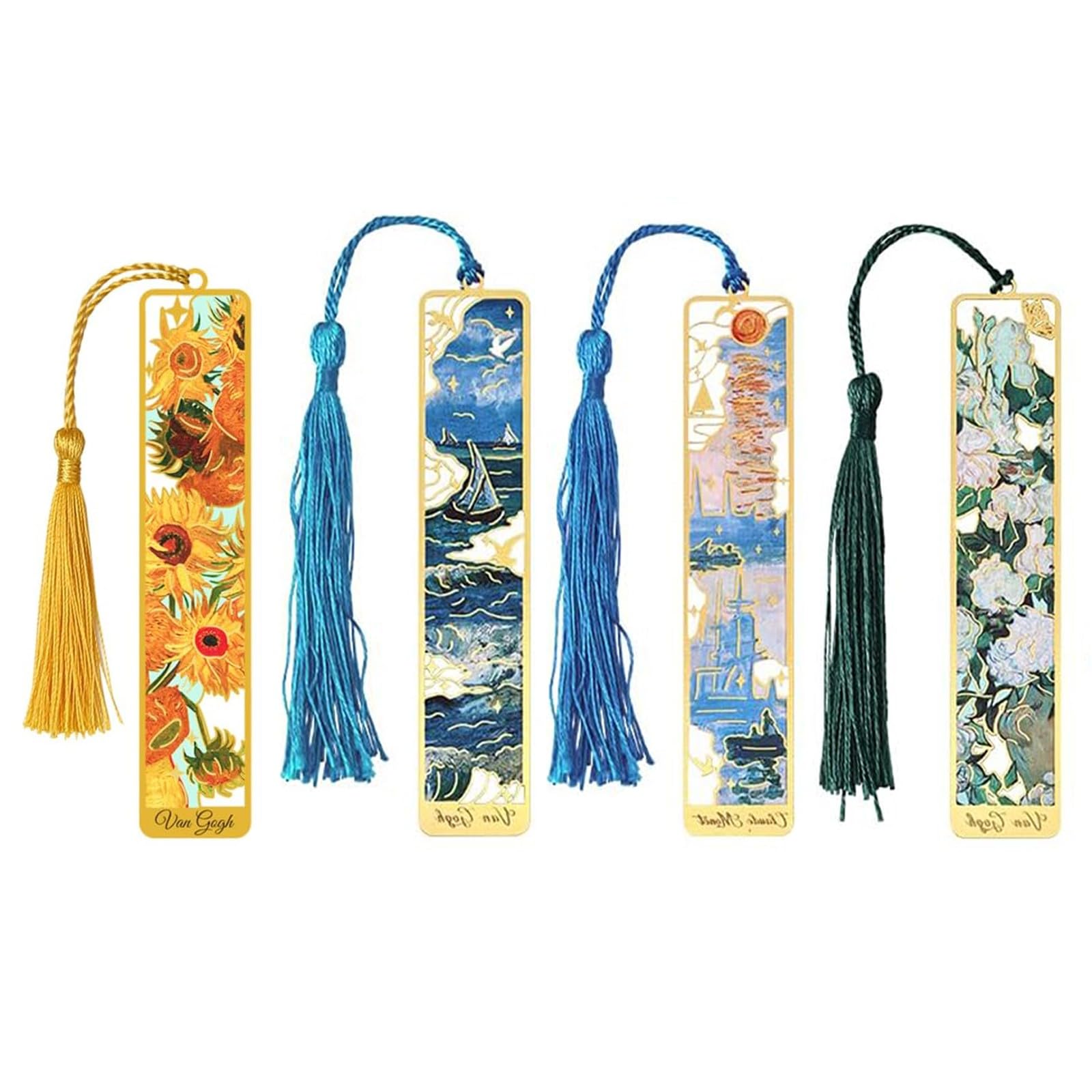 4 Pezzi Segnalibro Metallo Design Incavo Stile Pittura a Olio Van Gogh con Nappa Segnalibri Vintage Personalizzato per Amanti dei Libri Donna Lettori Insegnanti Regalo