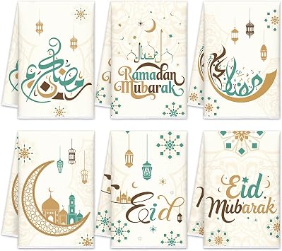 FuWeave 6 Pcs Eid Mubarak Kitchen Towels Ramadan Kareem Dish Towels Decorative Star Moon Stripe Hand Towel Islamic Tea Towel Ramadan Decor for Home Bathroom Kitchen GiftsElegant,Vintage Colors