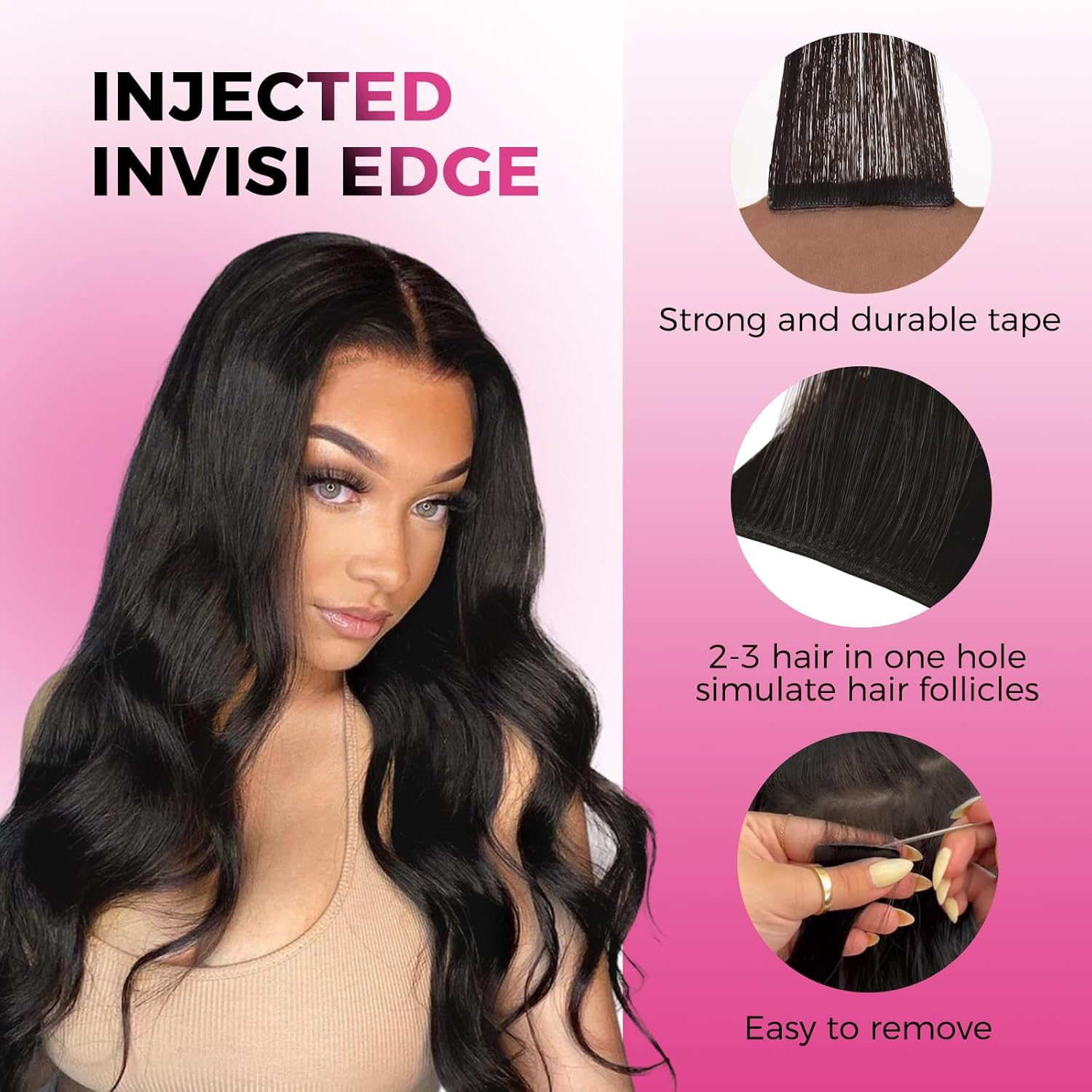 Lashey Invisi Edge Tape in Hair Extensions Human Hair, Natural Black 18 inch 50g Body Wave, 10pcs Injected with 10pcs Classic Tape ins, Real Virgin Human Hair Invisible Seamless Tape in Extensions