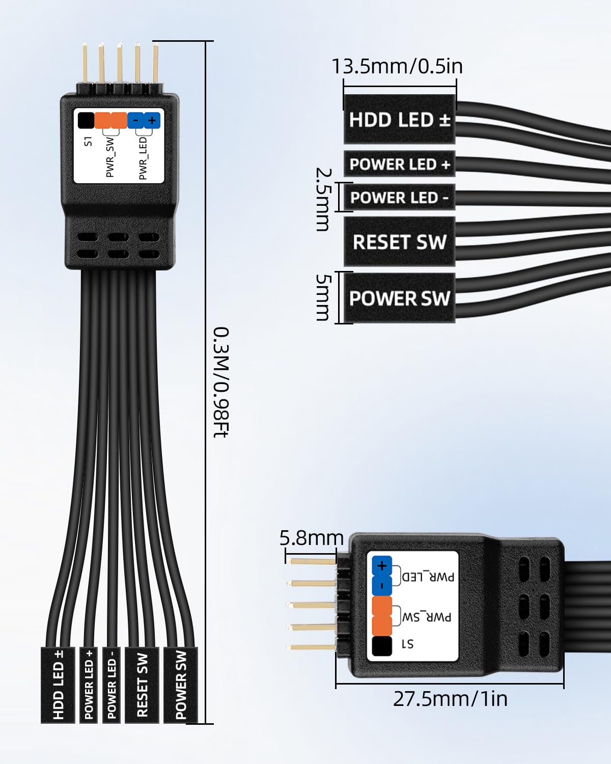 Motherboard Front Panel Cable,9Pin F-Panel Extension Cable for HDD LED,Power LED,Power Sw,Reset Sw,2Pack(0.3M/0.98FT)