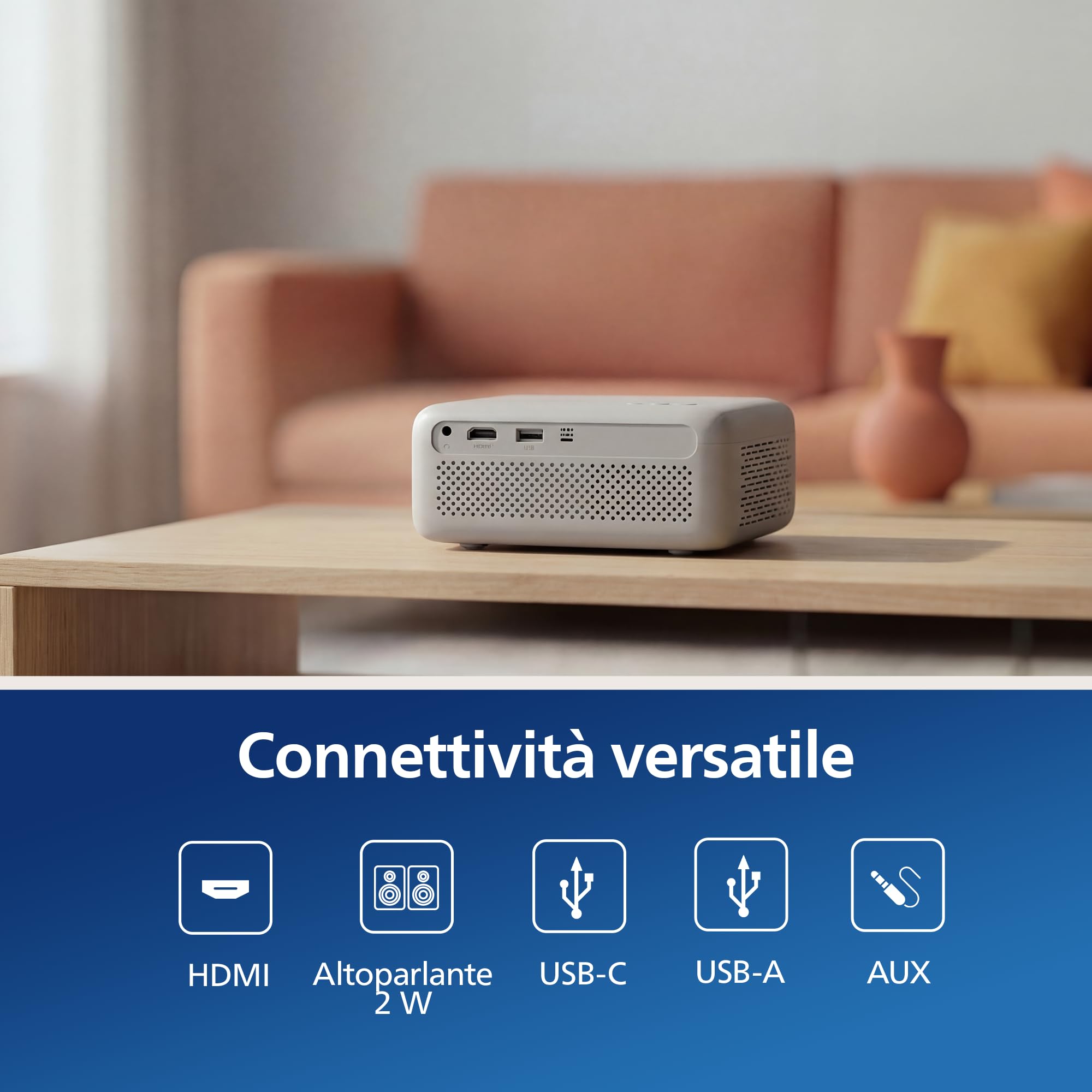 Philips NeoPix 106, proiettore portatile LCD LED, 720p, 100 ANSI lumen, schermo fino a 50", USB-C, HDMI, correzione Keystone automatica, Bianco