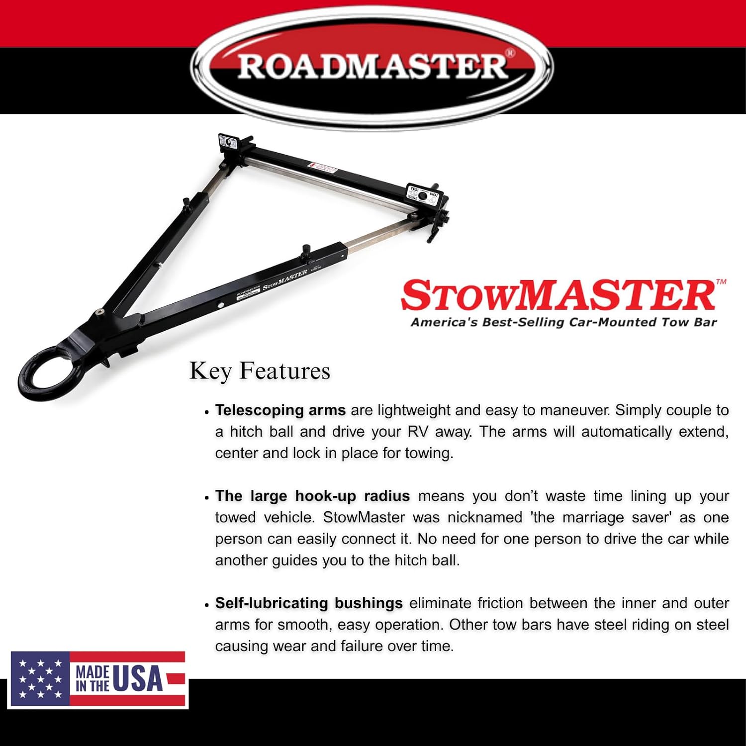 Roadmaster 581 Stowmaster Tow Bar with 2 1/2" Pintle Ring fits Baseplates | Hauls Up to 6,000 lbs | Large Hook-Up Radius | Powder-Coated Finish | Self-lubricating Bushings