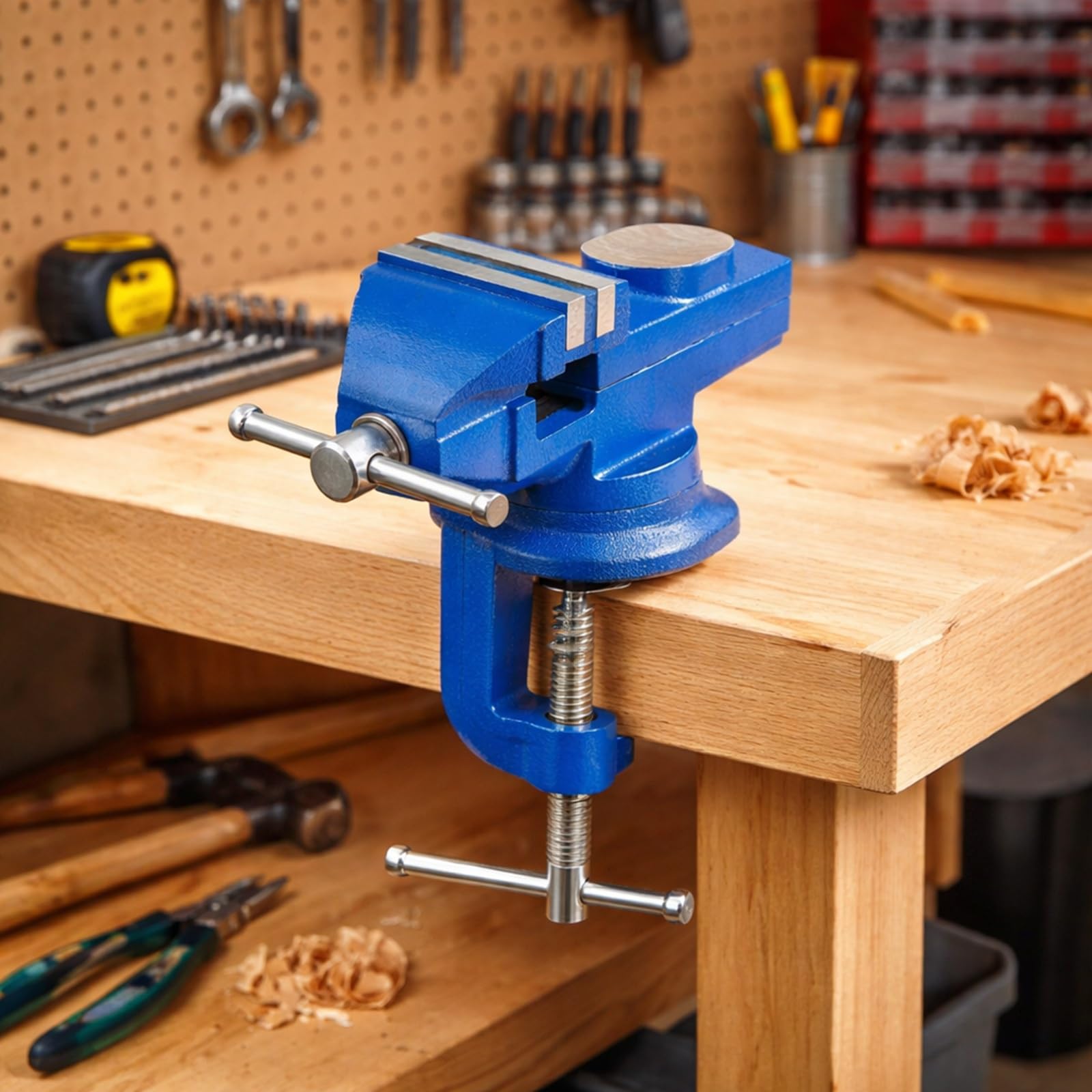 Morsa da Banco da Tavolo con Incudine, 60mm Morsa da Banco Morsetto con Base Girevole 360° Utile per Falegnameria Carpenteria Strumento di Riparazione