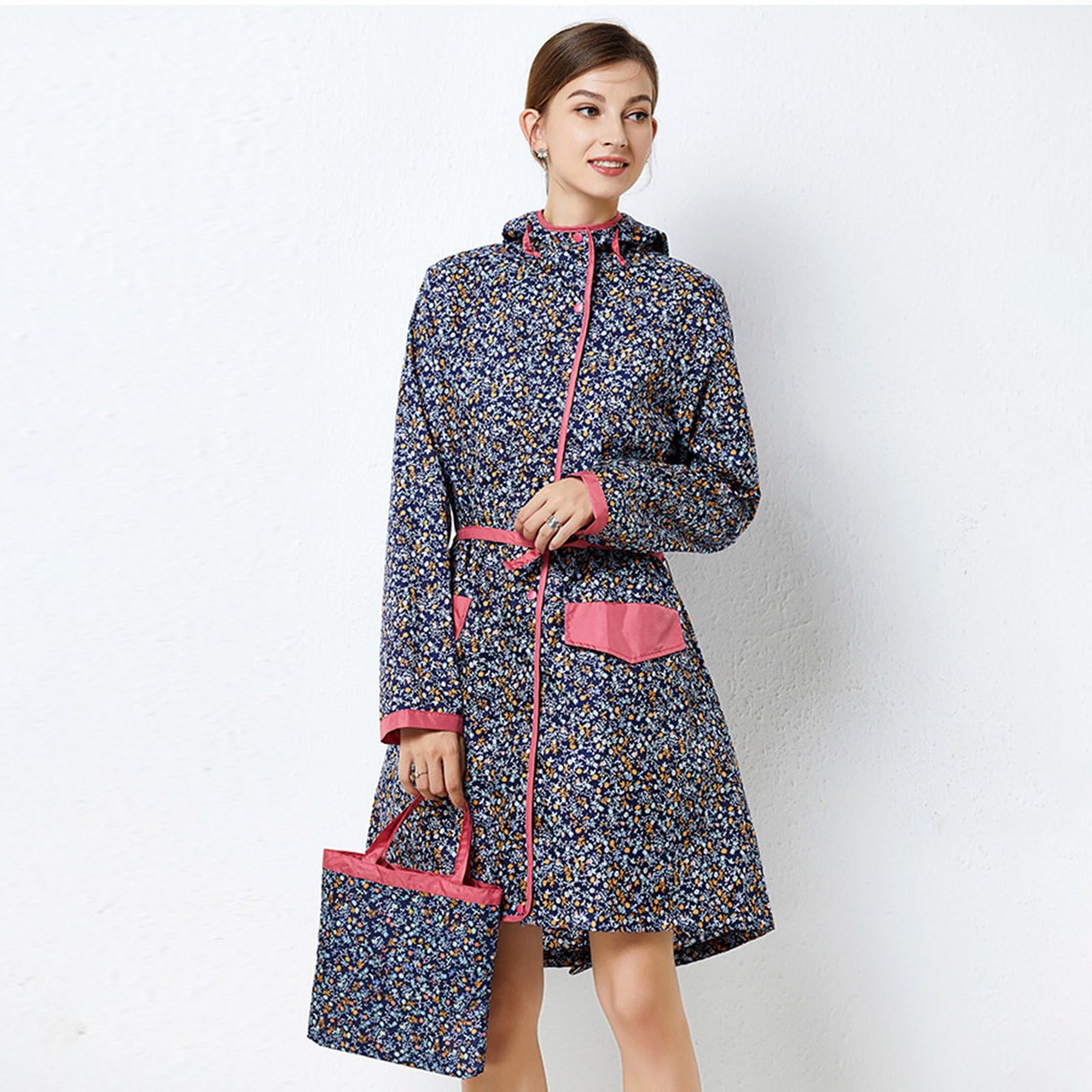 Generico Antipioggia Donna-Giacca Antivento Leggera Lunga Con Cappuccio Con Cintura In Vita E Stampa Floreale Elegante Da Donna Per Attività All'Aperto