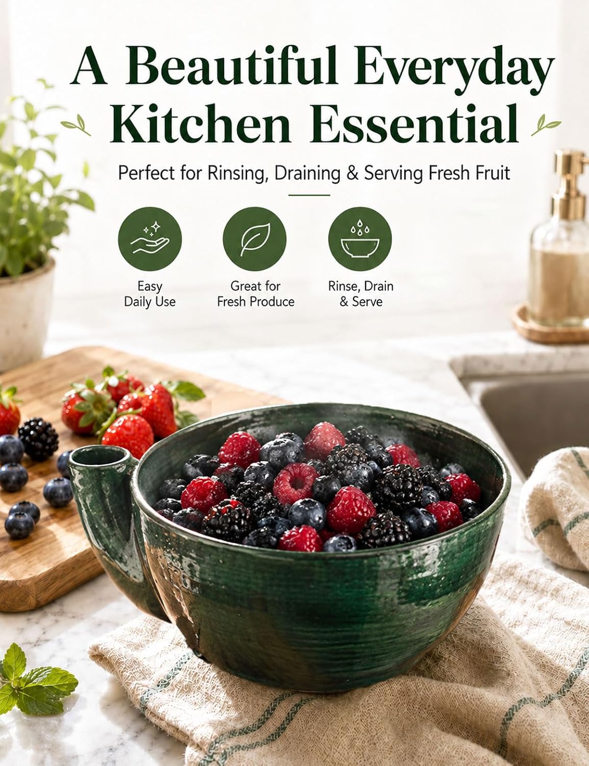 Condition photo showing New/Like New for fruit washer berry washing bowl with holes self spinning spinner automatic gentle swirl rinse vegetable machine swirling hand-thrown functional art rinsing kitchen essentials