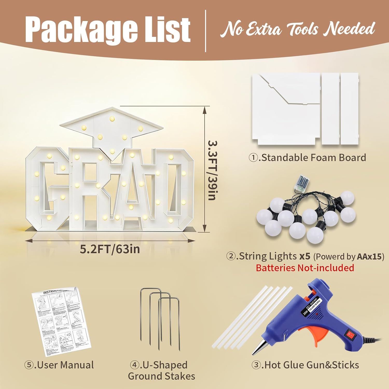 Graduation Decorations 2026 - 5.2FT Long Extra Large Marquee letters Light Up Letters "GRAD" Sign, Graduation Party Decor for Kindergarten High School College Celebration, Class of 2026 Backdrop Centerpiece - White