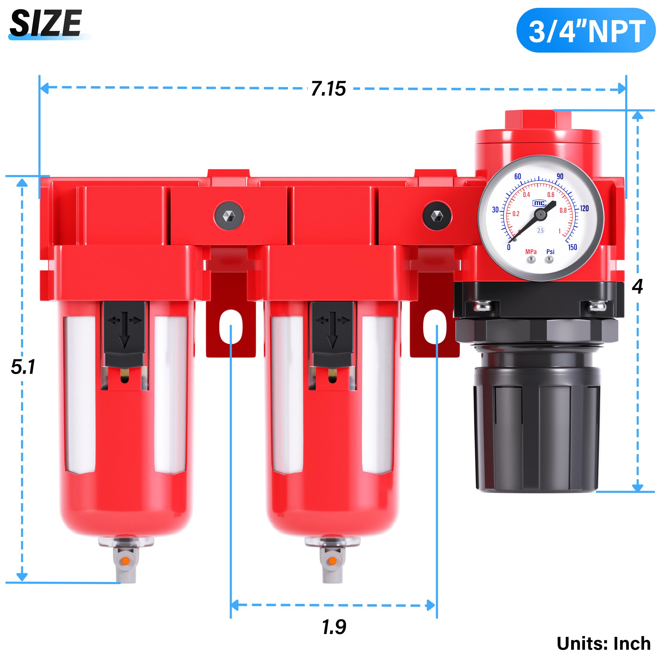 TAILONZ PNEUMATIC 3/4 di pollice NPT 150PSI 3 in 1 regolatore di pressione del filtro dell'aria Combo Piggyback, filtro compressore utensile aria, elemento filtrante 5 micron (drenaggio manuale)