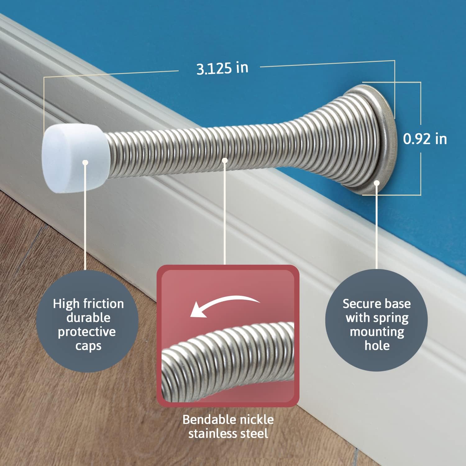 Jack N’ Drill (3 ⅛) Spring Door Stopper (50 Pack) | Flexible Heavy Duty Door Stop for Home and Office - Rustproof, Bendable Spring Steel & Durable Rubber Tips