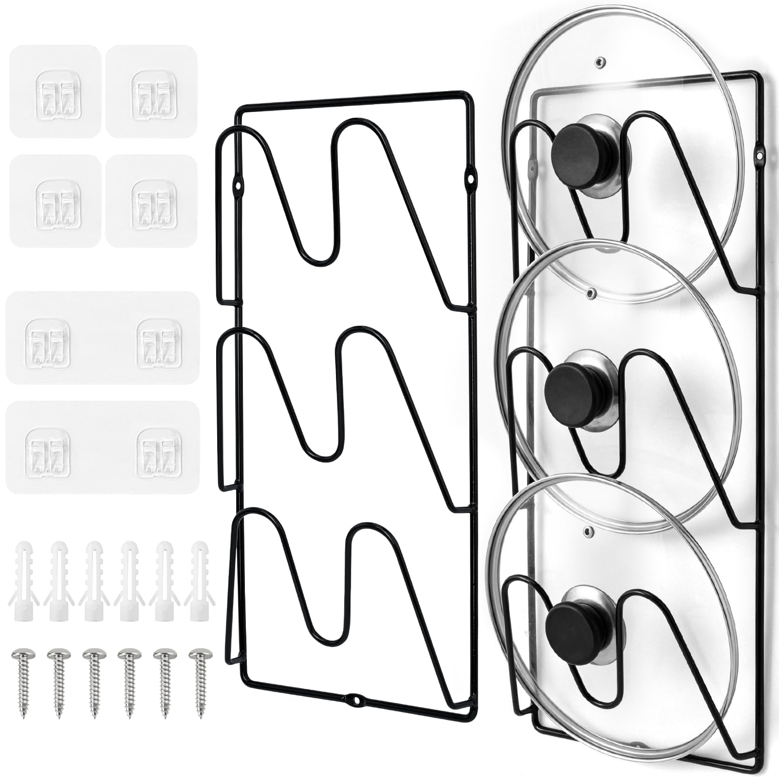 Confezione da 2 organizer per coperchi di pentole, 6 ripiani a V, da parete, con 6 adesivi, 6 chiodi e 6 tasselli in plastica per pareti, ante dell'armadio, sotto il lavandino (nero)