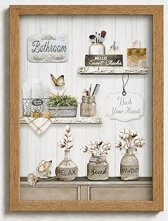 Framed Farmhouse Bathroom Wall Art Rustic Cotton Flower Bathroom Canvas Wall Decor Vintage Relax Soak Unwind Sign Painting Country Flower Bath Canvas Prints Artwork for Bathroom Home Decoration