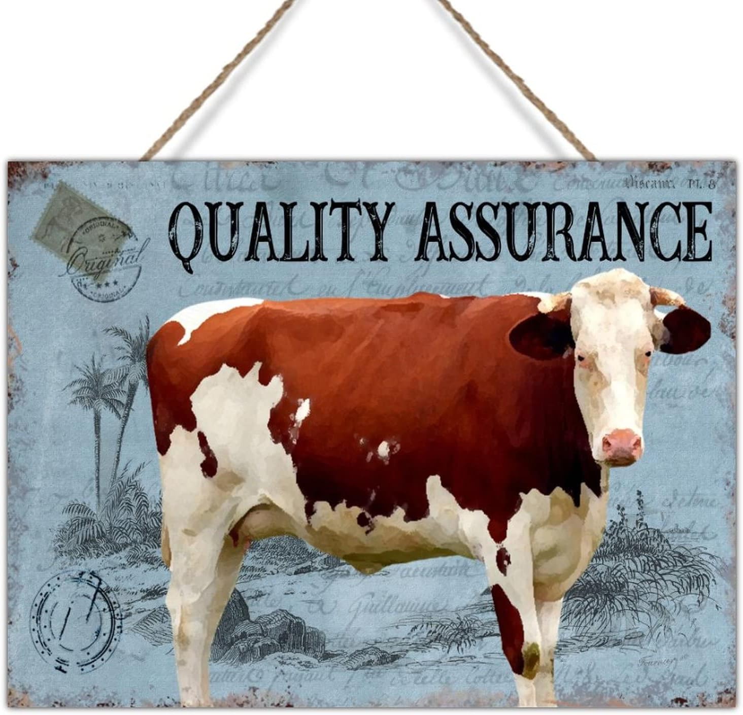 Rustic Farmhouse Sign Vintage French Style Cow Blue Wall Art Decor Watercolor Farm Animal Cattle Wood Sign for Home Office School 24x18in New Home Gift to Farmer