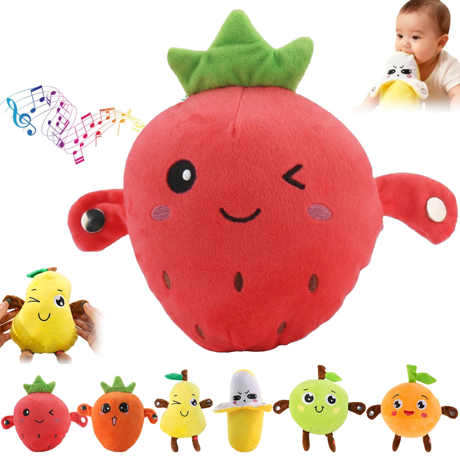25cm Interactive Musical Fruit Plush Doll Toy, Banana Plush Musical Sensory Toy, Strawberry Plush with Piano and Metronome Sounds, Parent-Child Play Fun, Gifts for Boys & Girls (Strawberry)