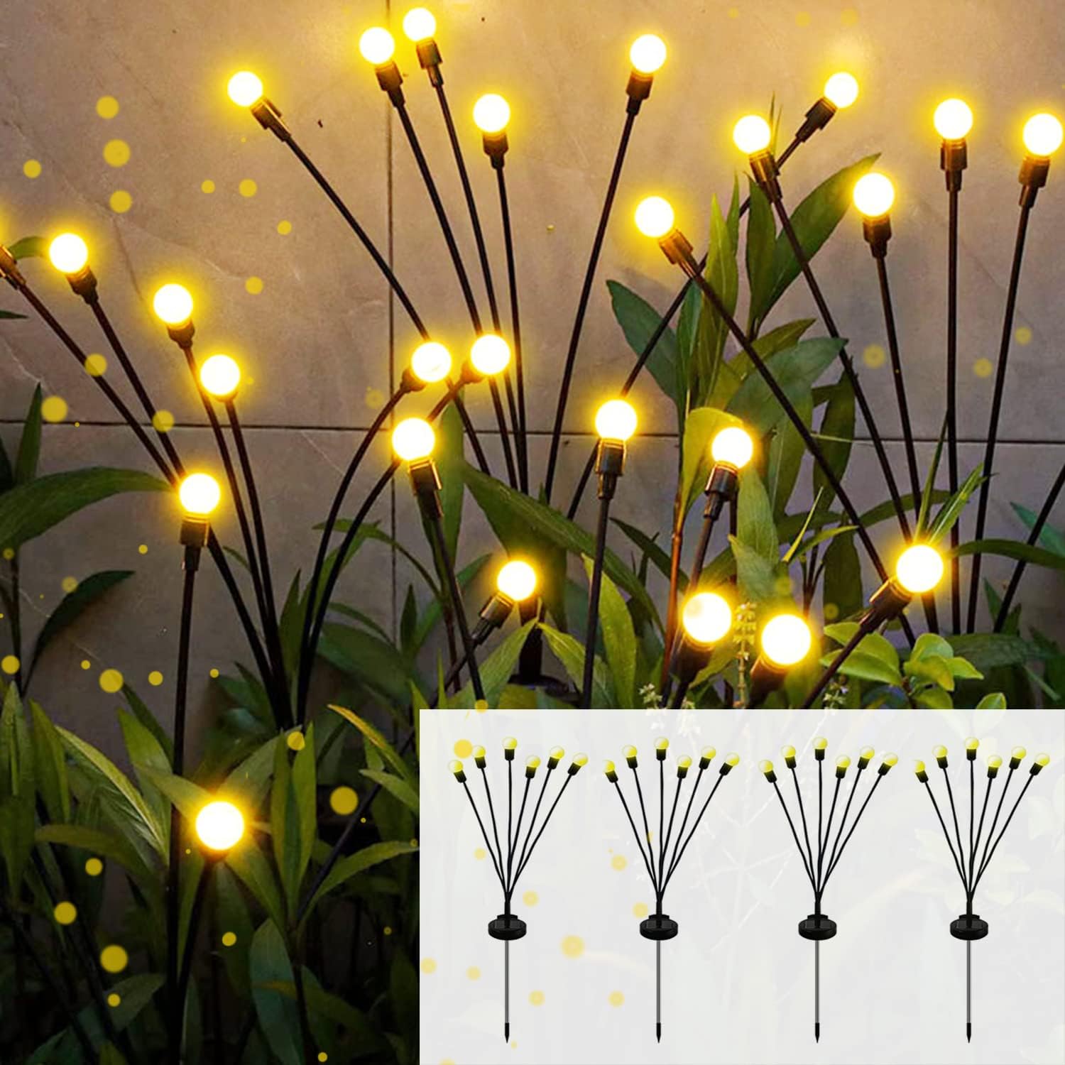 𝟒 𝐏𝐚𝐜𝐤 Solar Garden Lights Outdoor Waterproof, New Upgraded Firefly