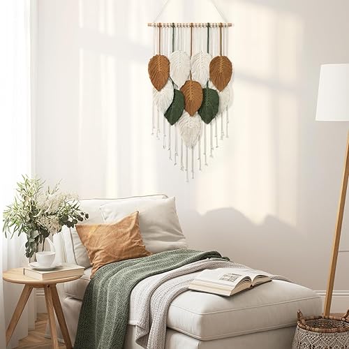 Miniatura 4 de KHOYIME Tapiz tejido de macramé con hojas para colgar en la pared, decoración del hogar, moderno, bohemio, hecho a mano, plumas, decoración de pared