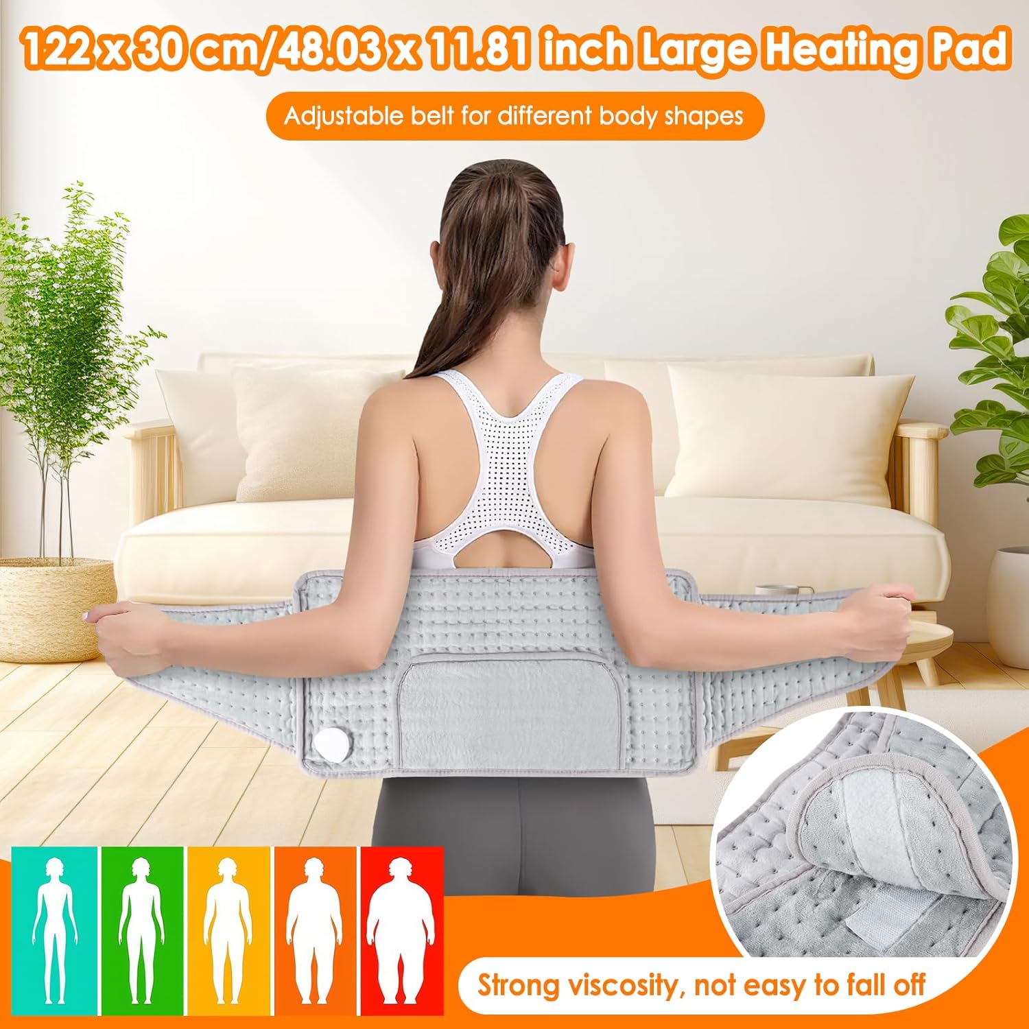 Person wearing the DEECOZY heating pad around their lower back, showing the adjustable belt