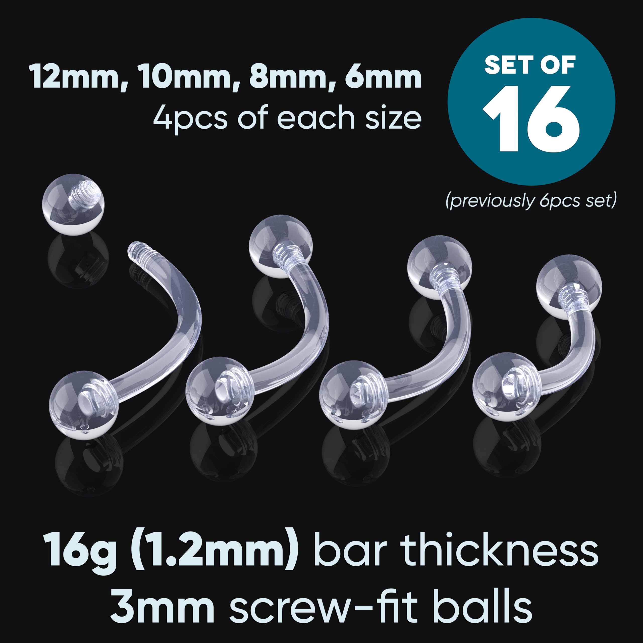 16 g przezroczyste elementy mocujące do piercingu do chirurgii - Bioflex plastikowy przezroczysty kolczyk do brwi zakrzywiony - niewidoczne kolczyki do chrząstki Rook Helix Daith Tragus Conch pionowy