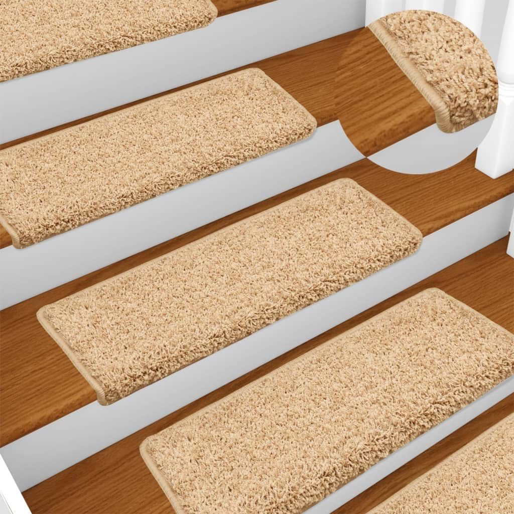vidaXL Alfombrillas para escaleras 15 Unidades 65x21x4 cm Color Crema Borde Rectangular