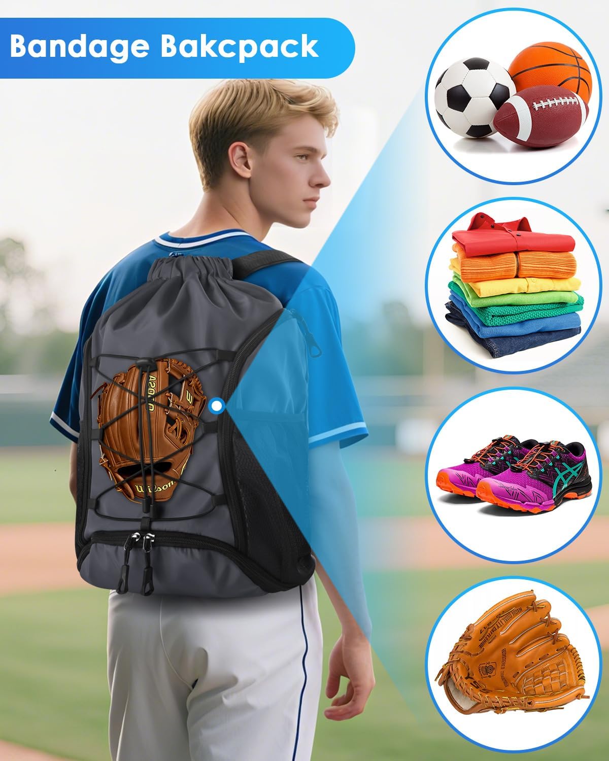 BROTOU Soccer Bags, Football Backpack, Volleyball Bag, Drawstring Soccer Backpack with Ball and Shoe Compartment - Image 7