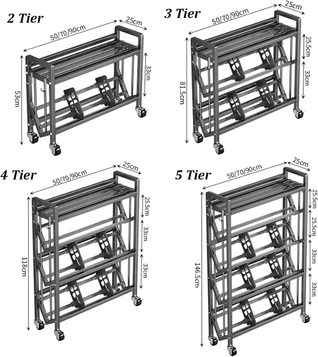 Rolling Library Book Cart, Large Capacity Movable Bookshelf Organizer Rack with Wheels, Carbon Steel Storage Shelf with Anti-Slip Partition for Home Office School(5 Tier-50cm)