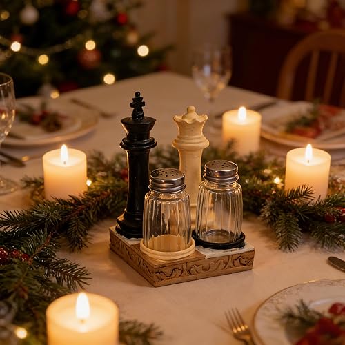 Miniatura 4 de Juego de saleros y pimenteros de ajedrez, tarros de especias de vidrio con soportes de resina para salero y pimentero, decoración retro de cocina