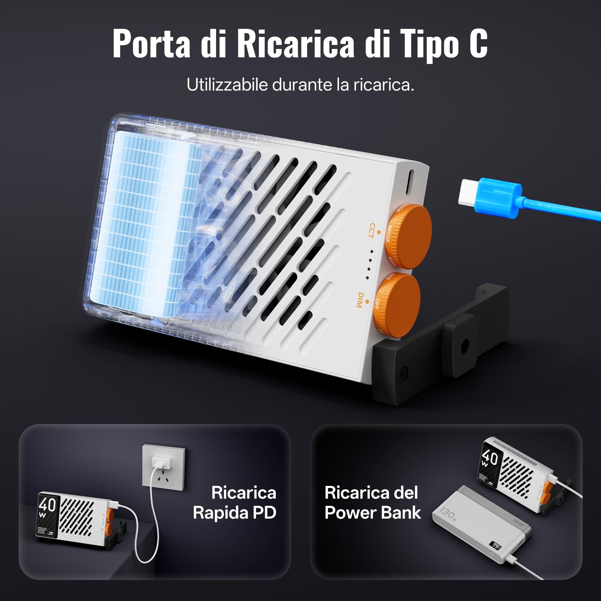 ZHIYUN FIVERAY M40 [Ufficiale] Luce Video LED, 40w Luce Portatile per Fotocamera, 14000 Lux, CRI≥96, TLCI≥97, Illuminazione Fotografica per Live Streaming/YouTube/TikTok, 320g