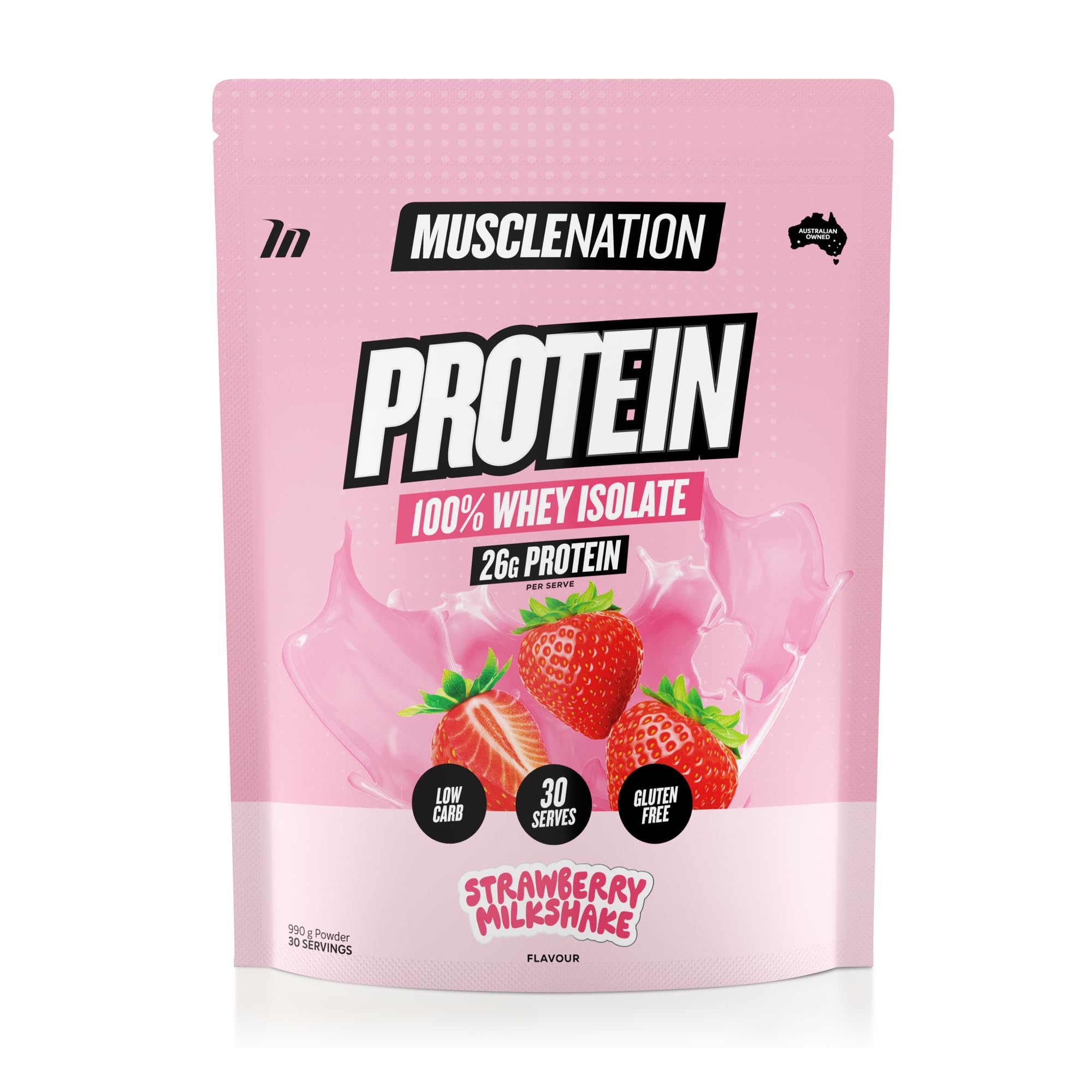 Muscle Nation Strawberry Milkshake โ Whey Protein Isolate with BCAAs, Low Lactose, Gluten Free, Fast Absorbing and Easy to Mix 990g (30 Servings)