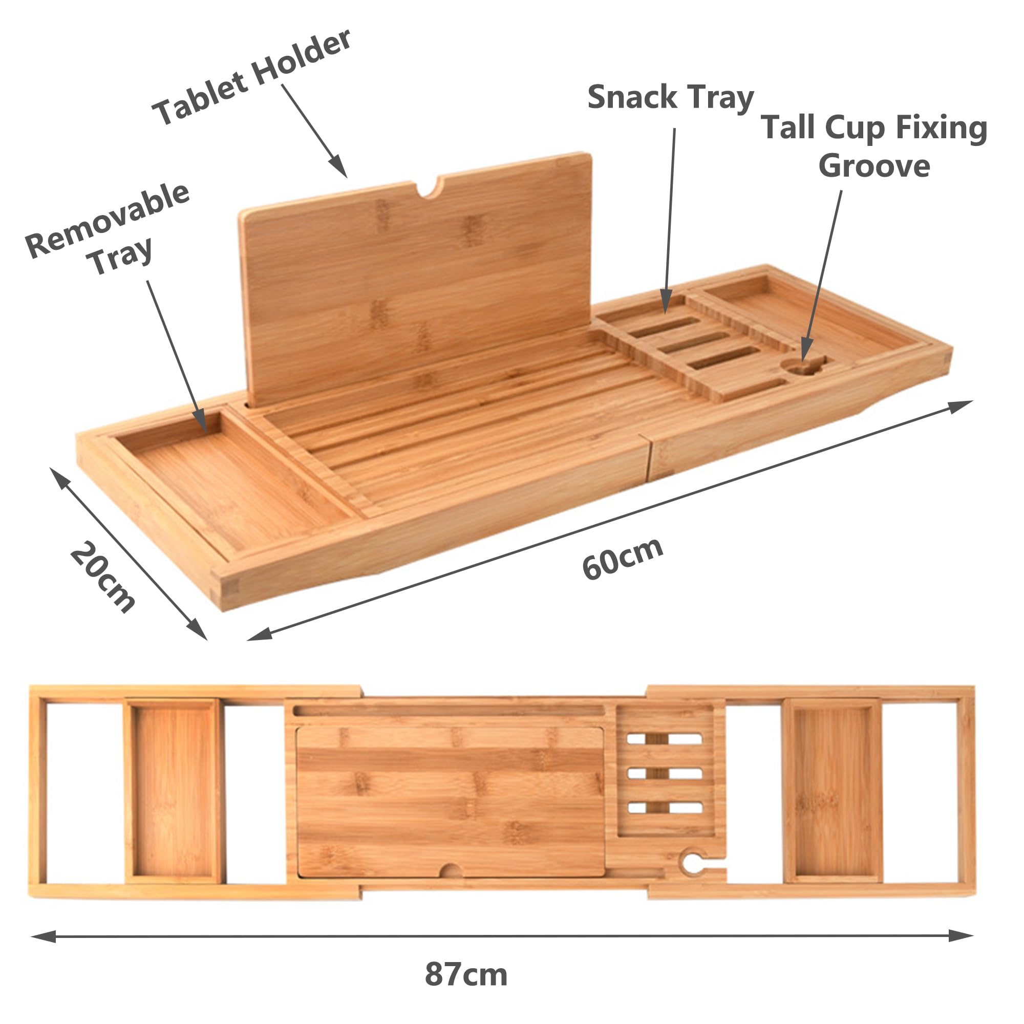 Bandejas de Baño, Bandeja para Bañera Extensible, Bandeja de Bambú para Bañera, Bandeja de Bañera de Madera con Ranura para Copas de Vino, Rejilla para Tableta y Bandeja de Bambú Extraíble