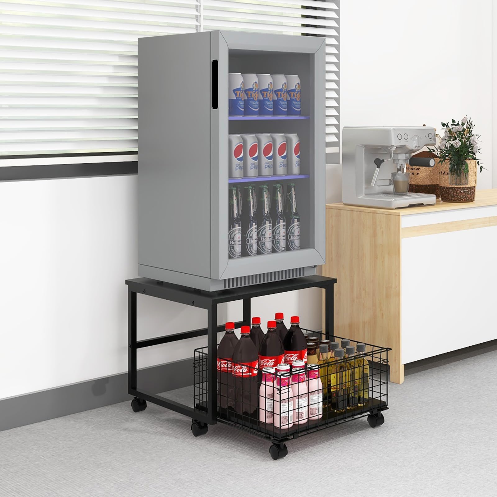 PUNCIA Mobile Mini Fridge Stand with Large Capacity Storage Portable Refrigerator Table with 4 Lockable Wheels Appliance Platform Table with Drawer Basket Rolling Fridge Cart for Home