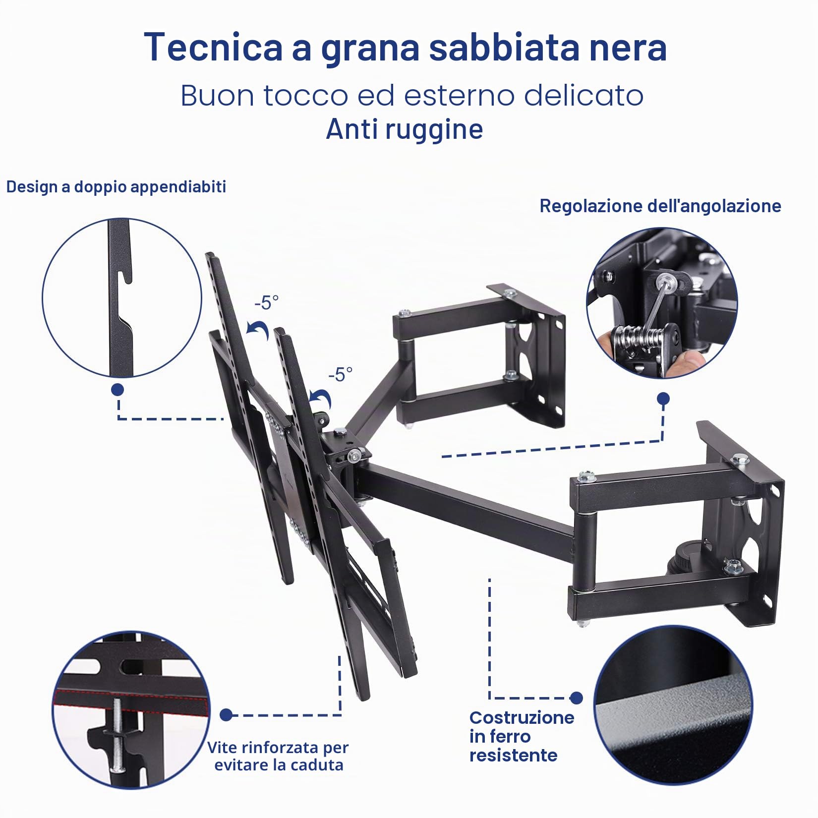 UNHO Staffa TV a muro, Angolare Braccio TV per 32-65 Pollici LED LG Supporto TV da parete inclinabile e girevole VESA Max 600x400mm carico 45 kg