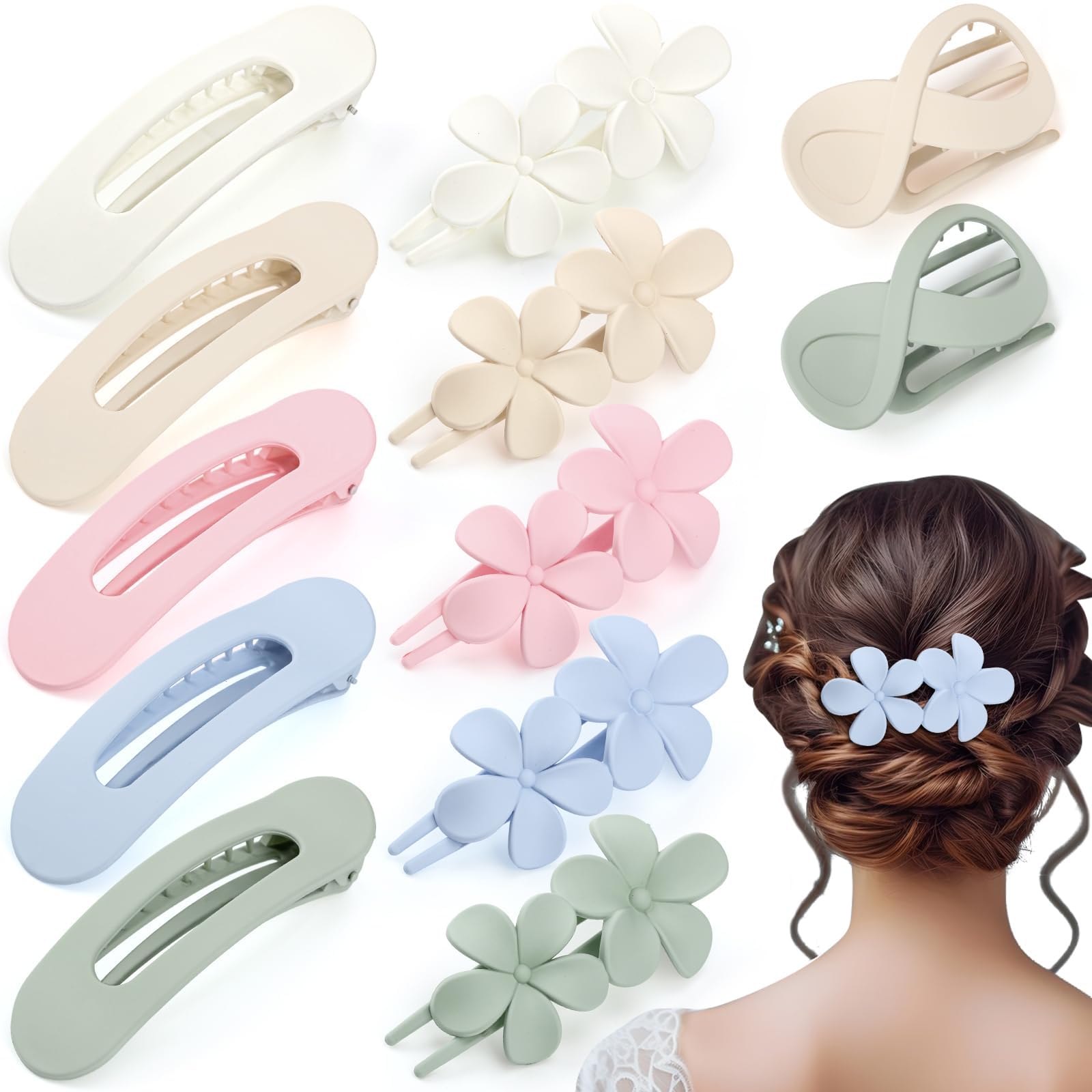 12 Pcs Flat Hair Clips for Women, 3 Styles Flat Claw Clips Lay Down Claw Clips Matte Non-slip French Concord Hair Clips for Thick and Thin Hair(