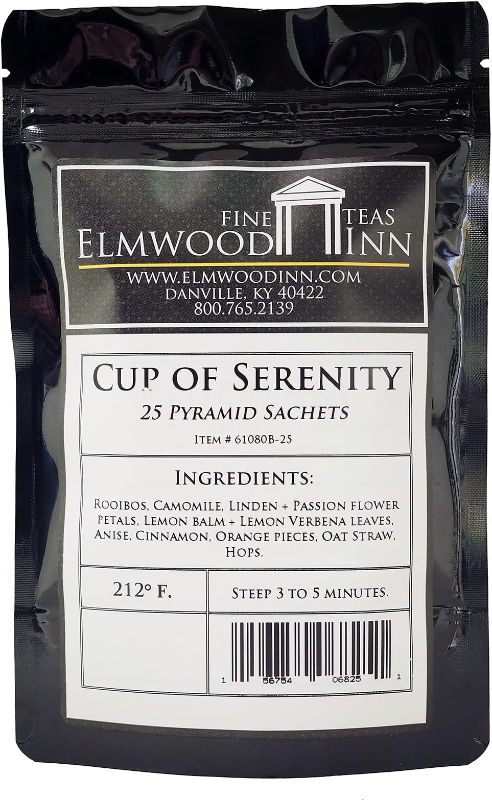 Elmwood InnFine Teas, Cup of Serenity Caffeine-Free Herbal Tea, 25 Pyramid Sachet Tea Bags