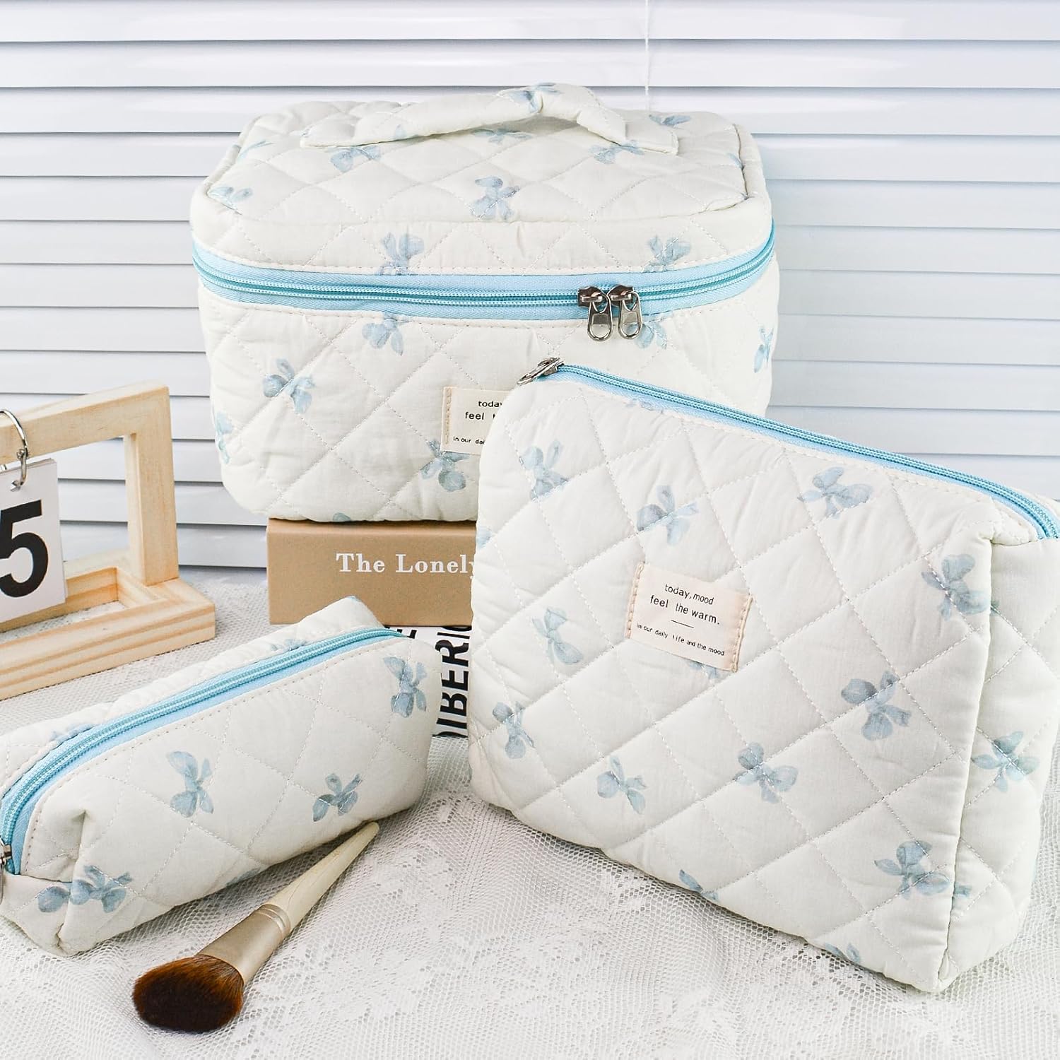 Makeup Bag, 3 PCS Quilted Makeup Bag, Cute Floral Cotton Cosmetic Bag set, Coquette Makeup Pouch Large Travel Toiletry Bag