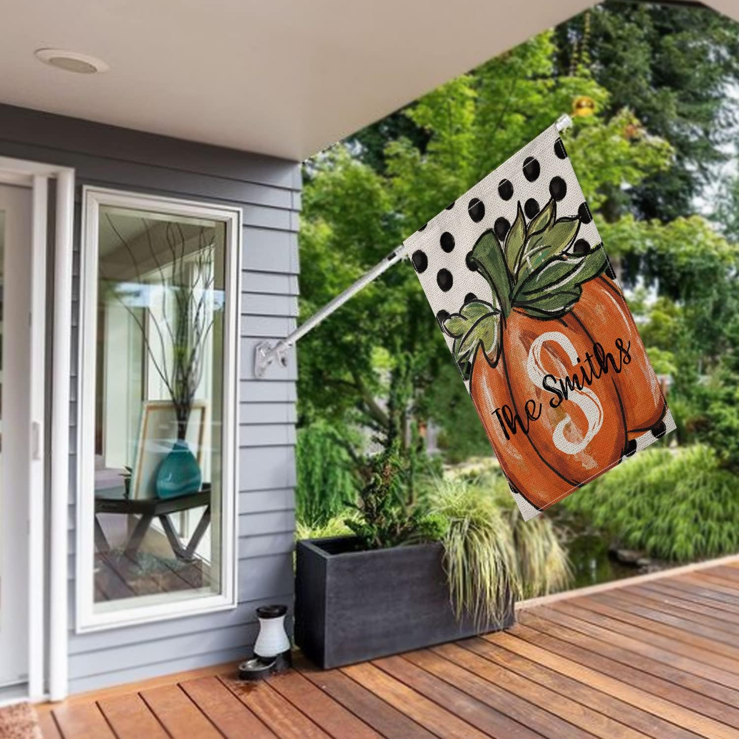 Smile Personalized Fall Pumpkin House Flag, Custom Monogram Initial Family Last Name, Double Sided 28 x 40 Inch Rustic Farmhouse Burlap Yard Outdoor Decoration