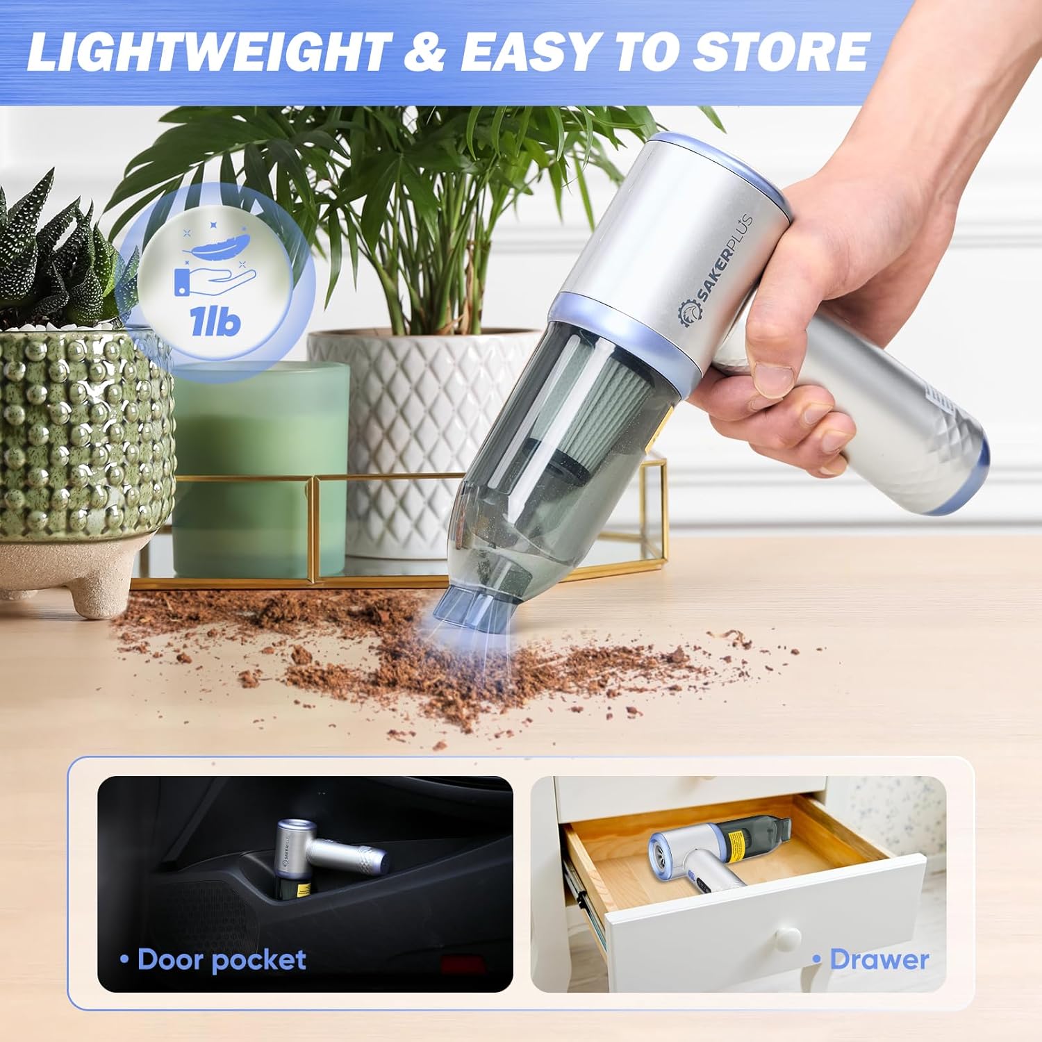 Mini Vacuum Cleaner, 3 in 1 Cordless Handheld Vacuum Cleaners, 18000Pa High Power Car Vacuum Cleaner with Brushless Motor,Adjustable Car Vaccum Portable Cordless for Cars,Desktop-Blue - Image 6