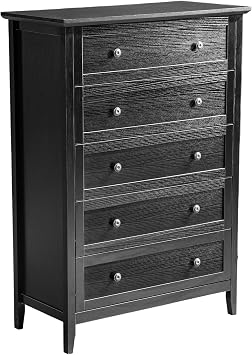 5 Drawer Nightstand for Bedroom, 45.2" Tall Rustic Wood Cabinet with Metal Handle, Storage Organizer Beside Table for Living Room, Hallway, Entryway Black